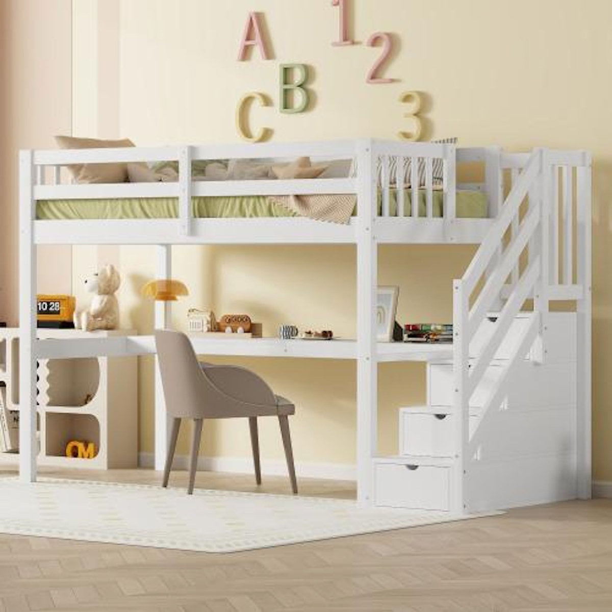 MERAX Lit combiné enfant 90x200 cm coloris blanc pin