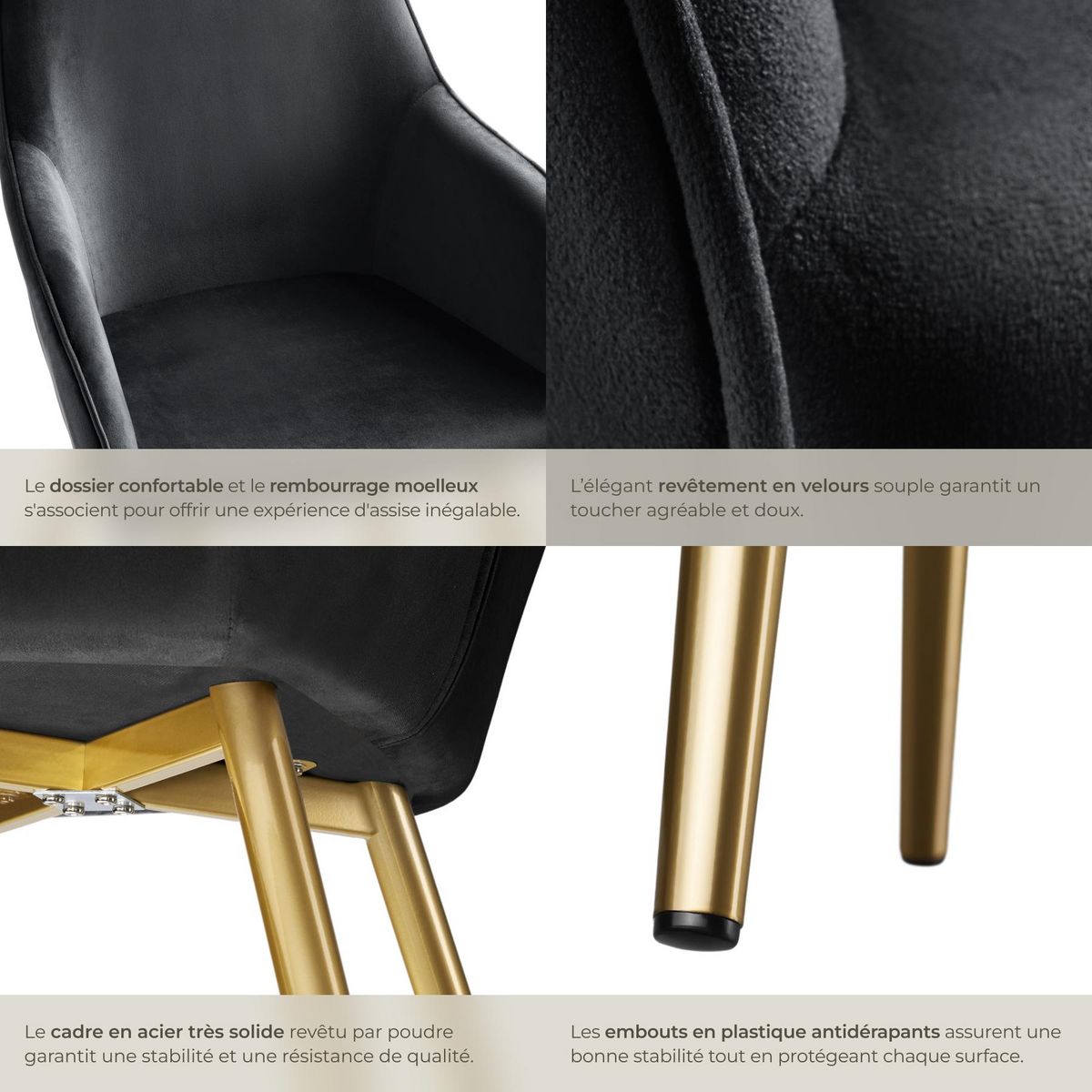 tectake Chaise rembourrée aspect velours noir/or Lot de 2