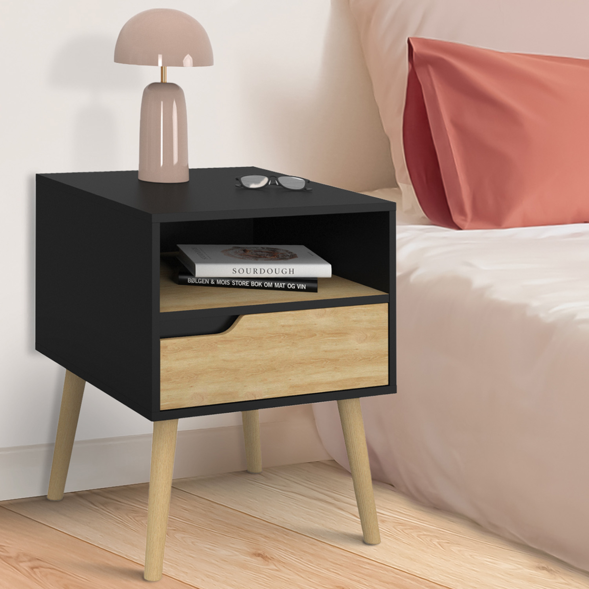 Voir la diapositive 2 : ID MARKET Lot de 2 tables de chevet helsinki scandinaves 1 tiroir avec niche noir et effet hêtre