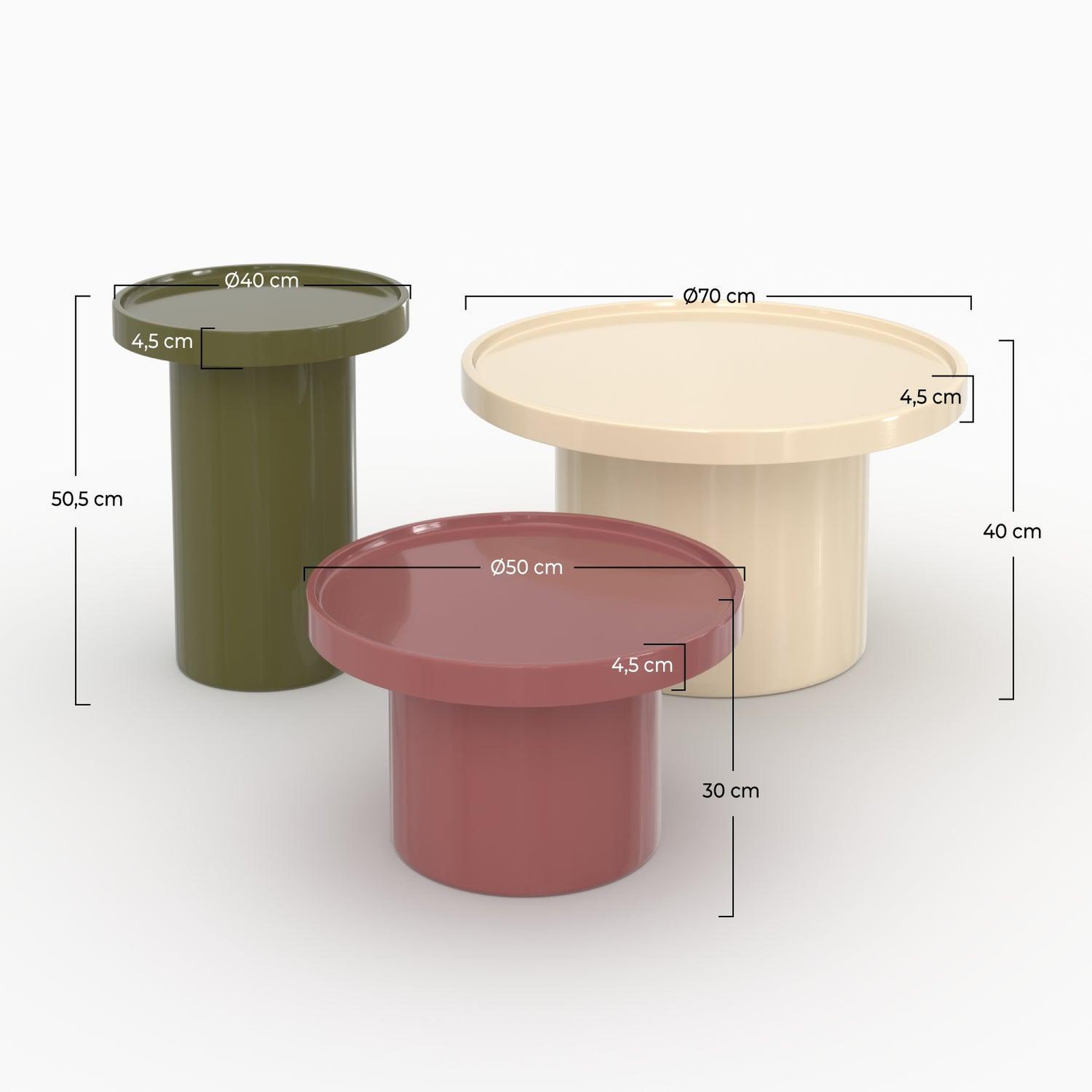 Voir la diapositive 4 : MAISON PAVANE Lot de 3 tables basses laquées blanches, vert olive et rouge en mdf-nora
