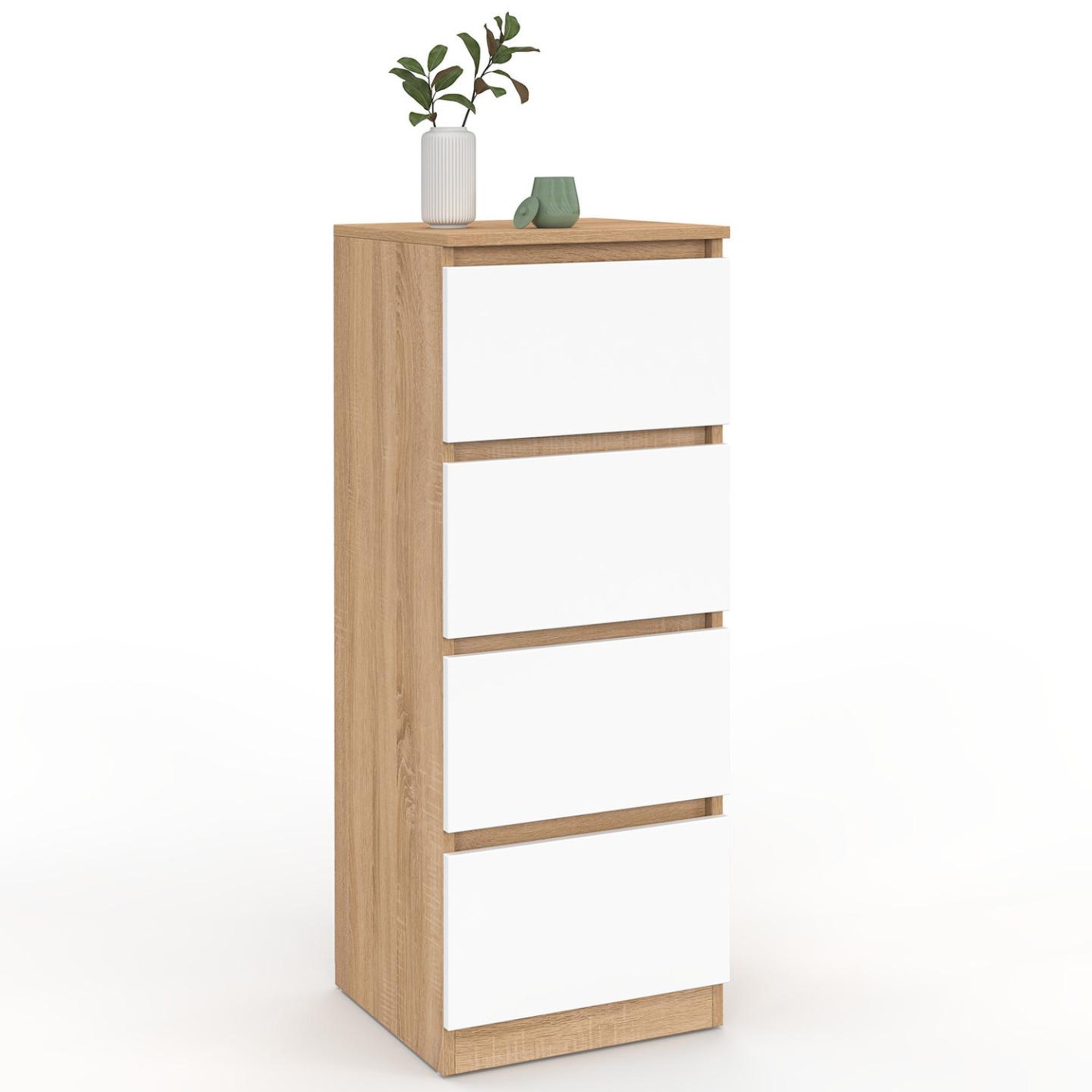 ID MARKET Meuble d'appoint 4 tiroirs TOMI 30 cm chiffonnier bois façon hêtre et blanc pour entrée salle de bain