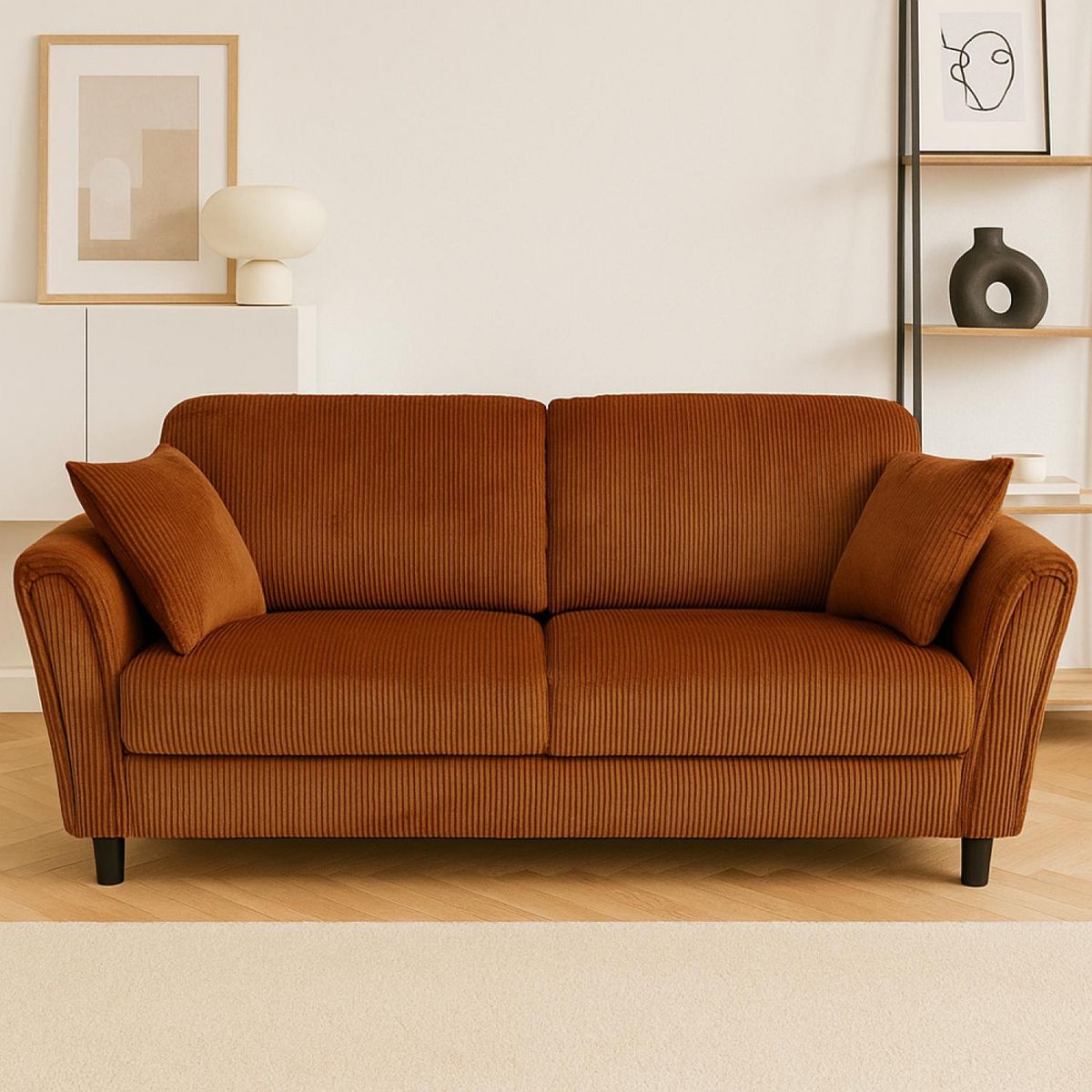 CONCEPT USINE Canapé droit 4 places en velours côtelé terracotta LUCERNE