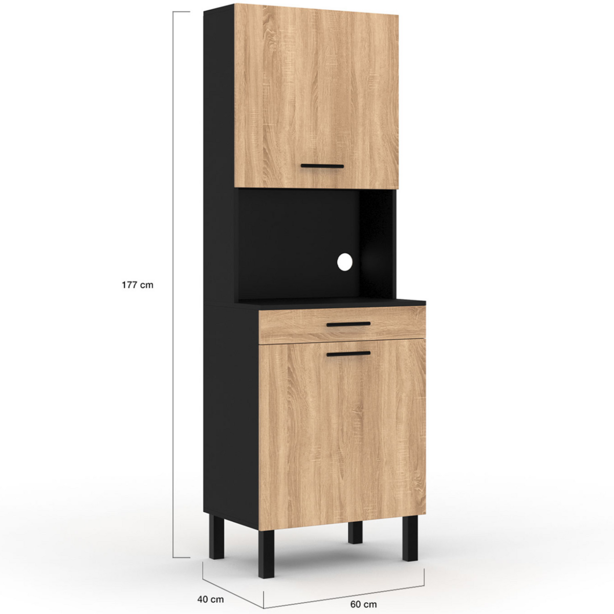 ID MARKET Buffet de cuisine 60 CM CINA 2 portes + tiroir noir et façon hêtre