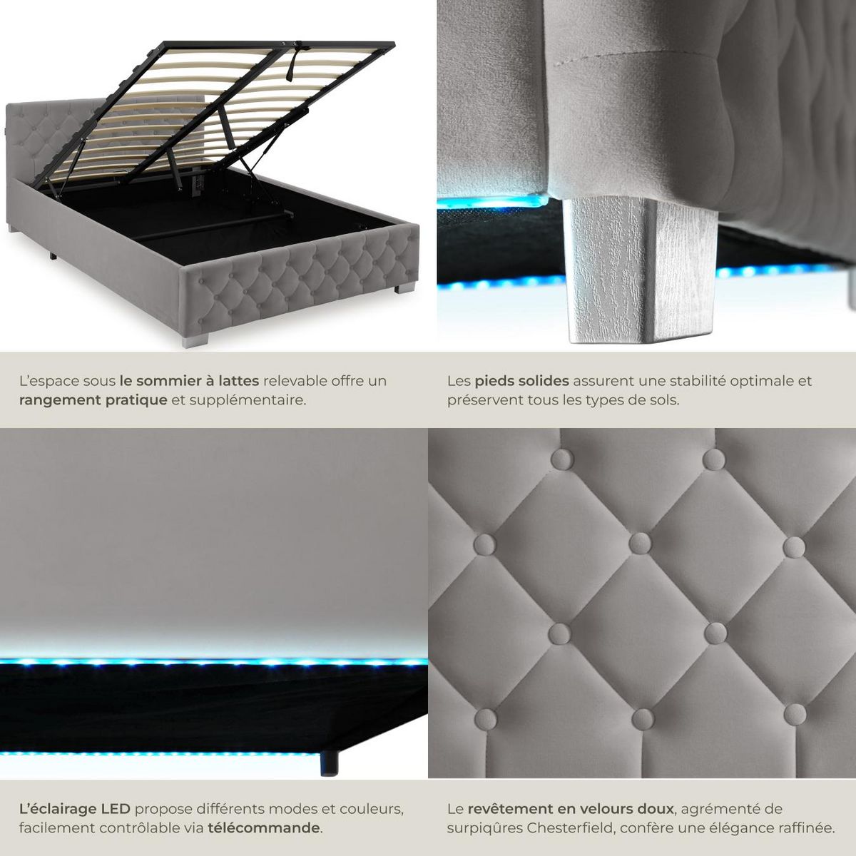 tectake Lit rembourré En aspect velours avec motif matelassé gris foncé 140 x 200 cm