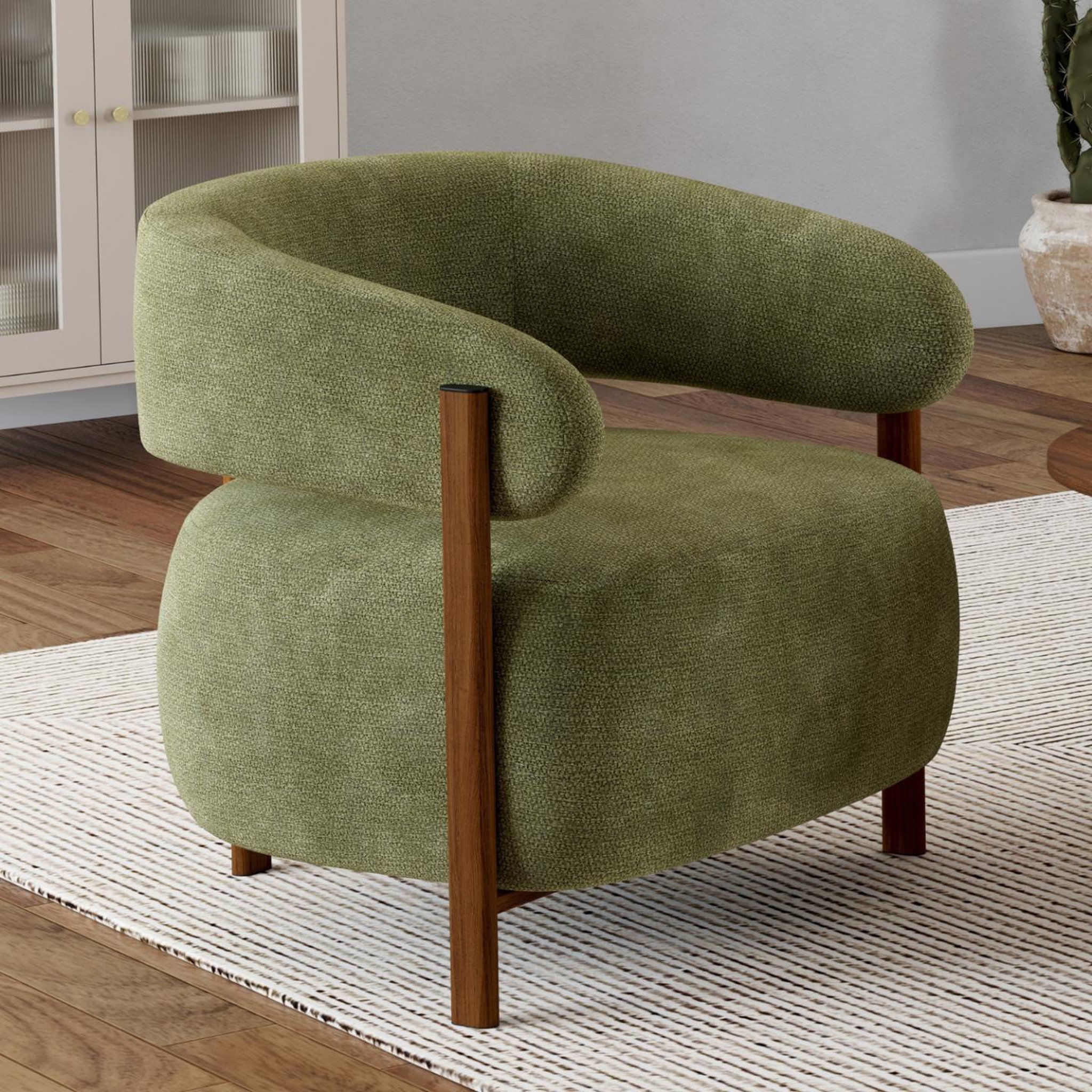 Voir la diapositive 2 : ID MARKET Fauteuil albert tissu chenille vert et pieds effet noyer