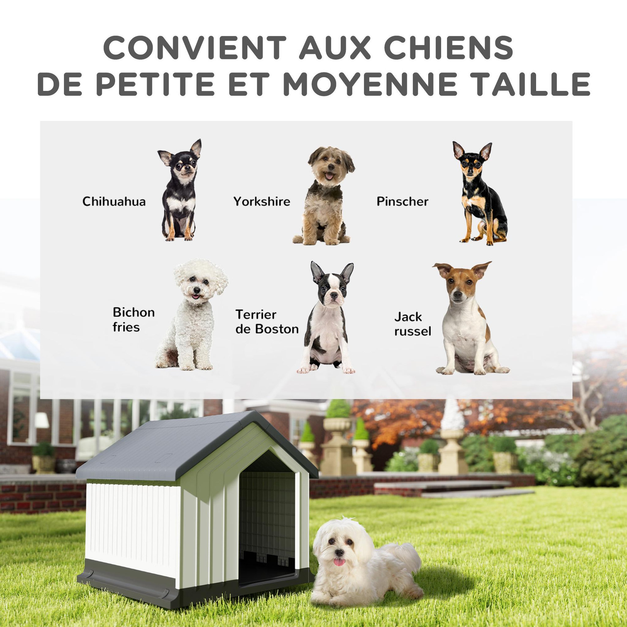 Voir la diapositive 4 : PAWHUT Niche chien extérieure - maison chien - niche plastique - grille d'aération - dim. 62L x 61l x 60H cm - blanc gris noir