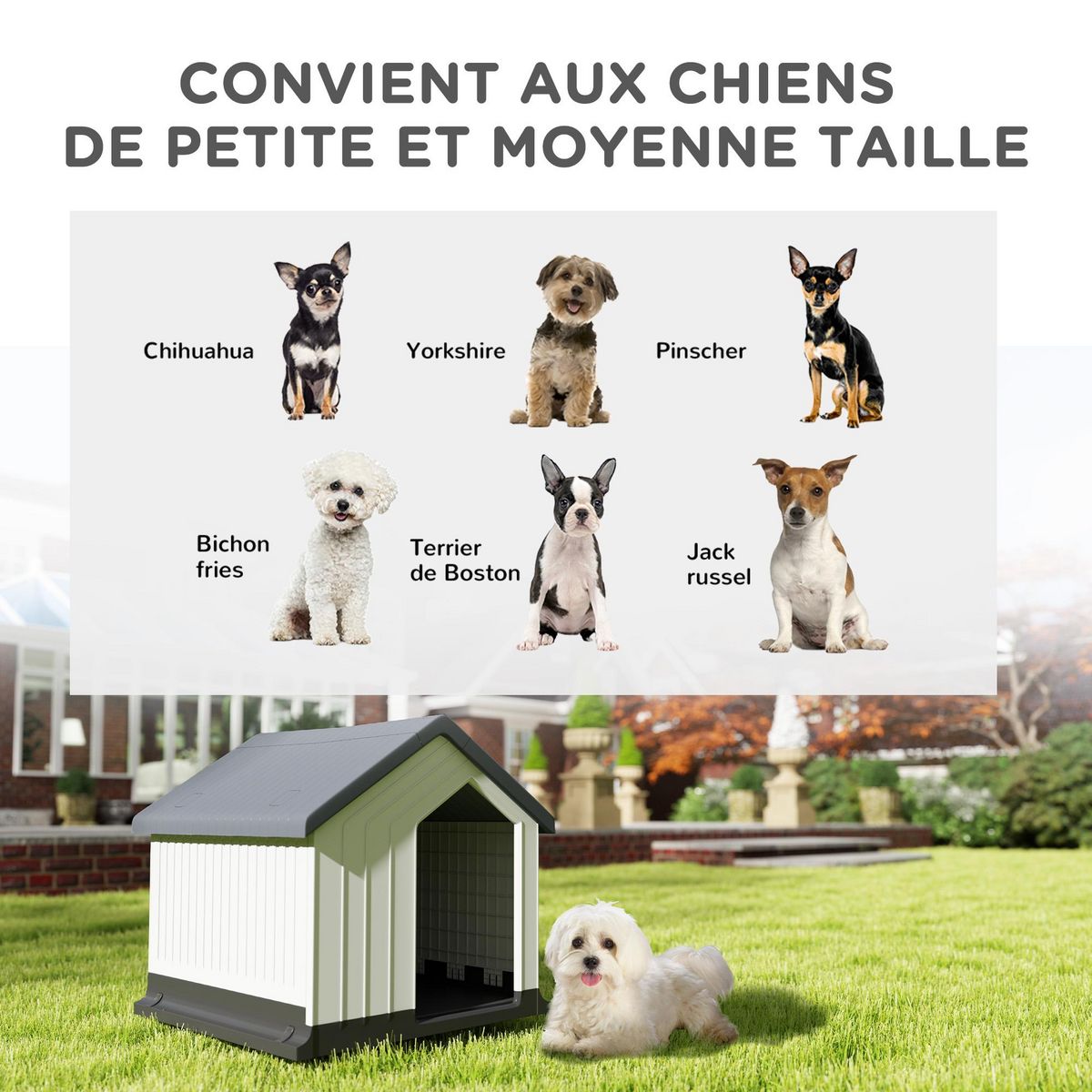 PAWHUT Niche chien extérieure - maison chien - niche plastique - grille d'aération - dim. 62L x 61l x 60H cm - blanc gris noir