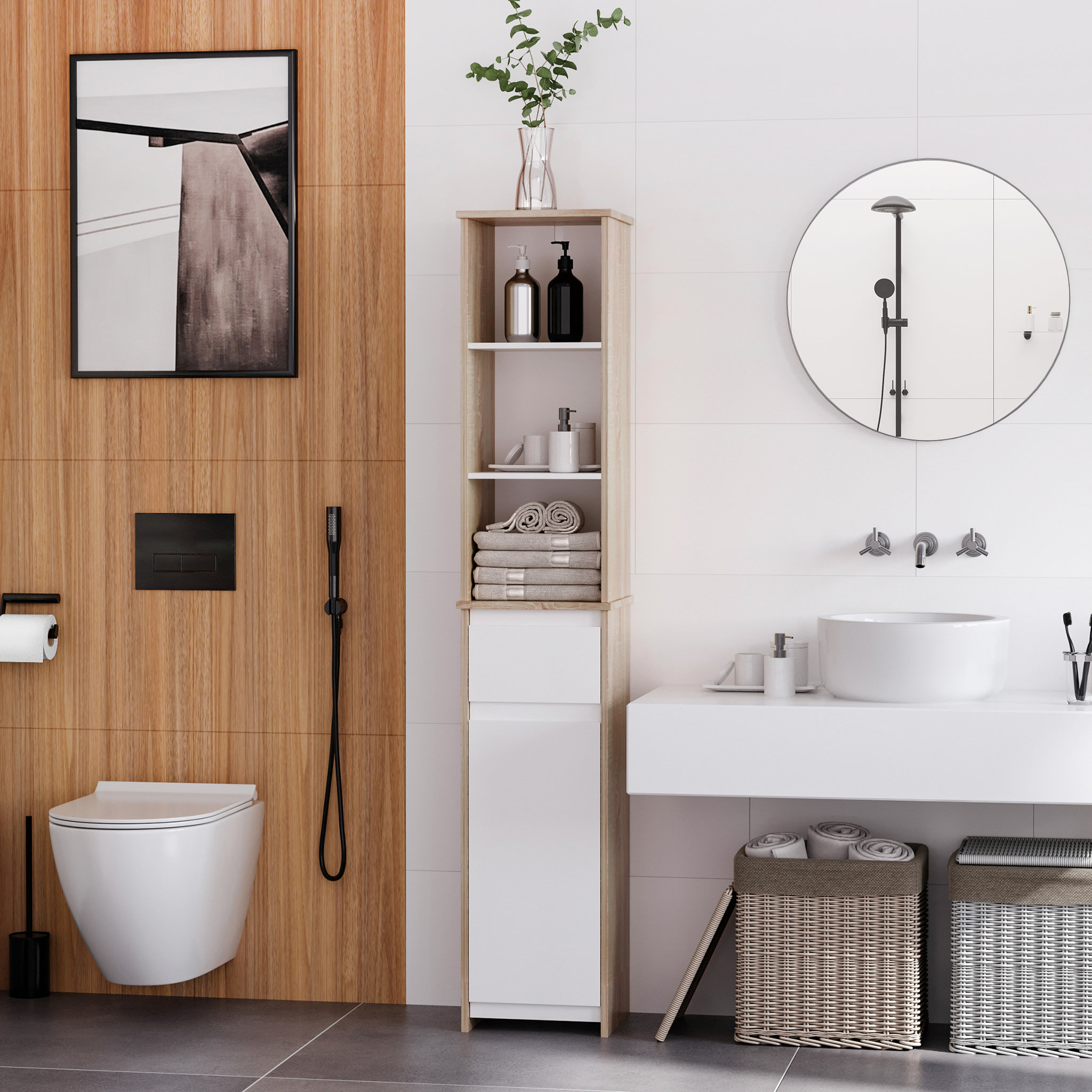 Voir la diapositive 2 : KLEANKIN Meuble colonne rangement salle de bain style cosy 3 niches tiroir placard avec étagère blanc aspect chêne clair