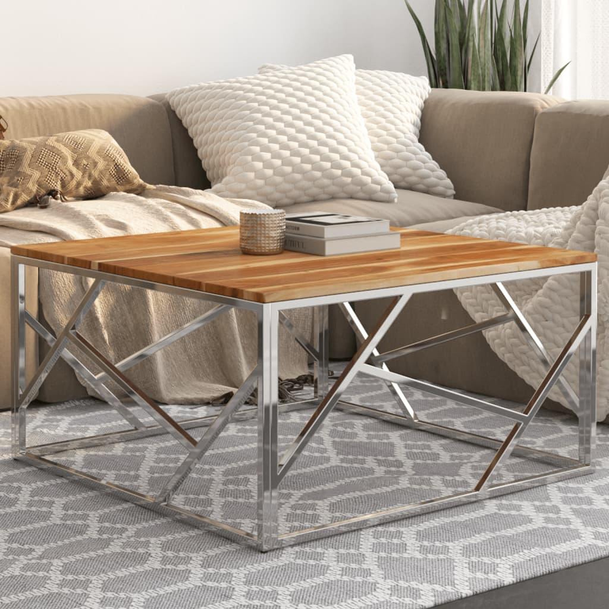 VIDAXL Table basse argente acier inoxydable et bois massif d'acacia