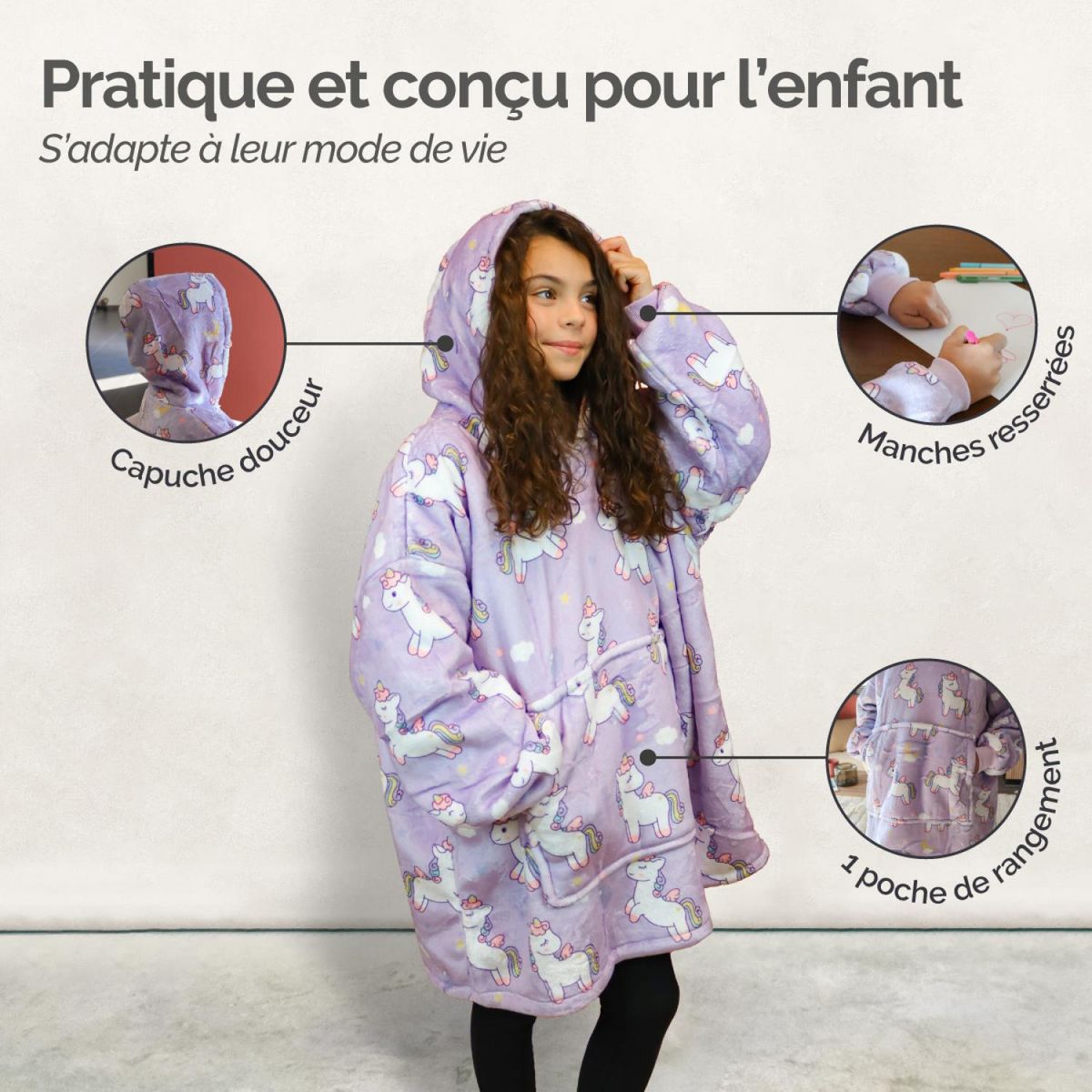 VIVEZEN Sweat à capuche, plaid, couverture, pull - Sherpa et flanelle - Enfant - Licorne