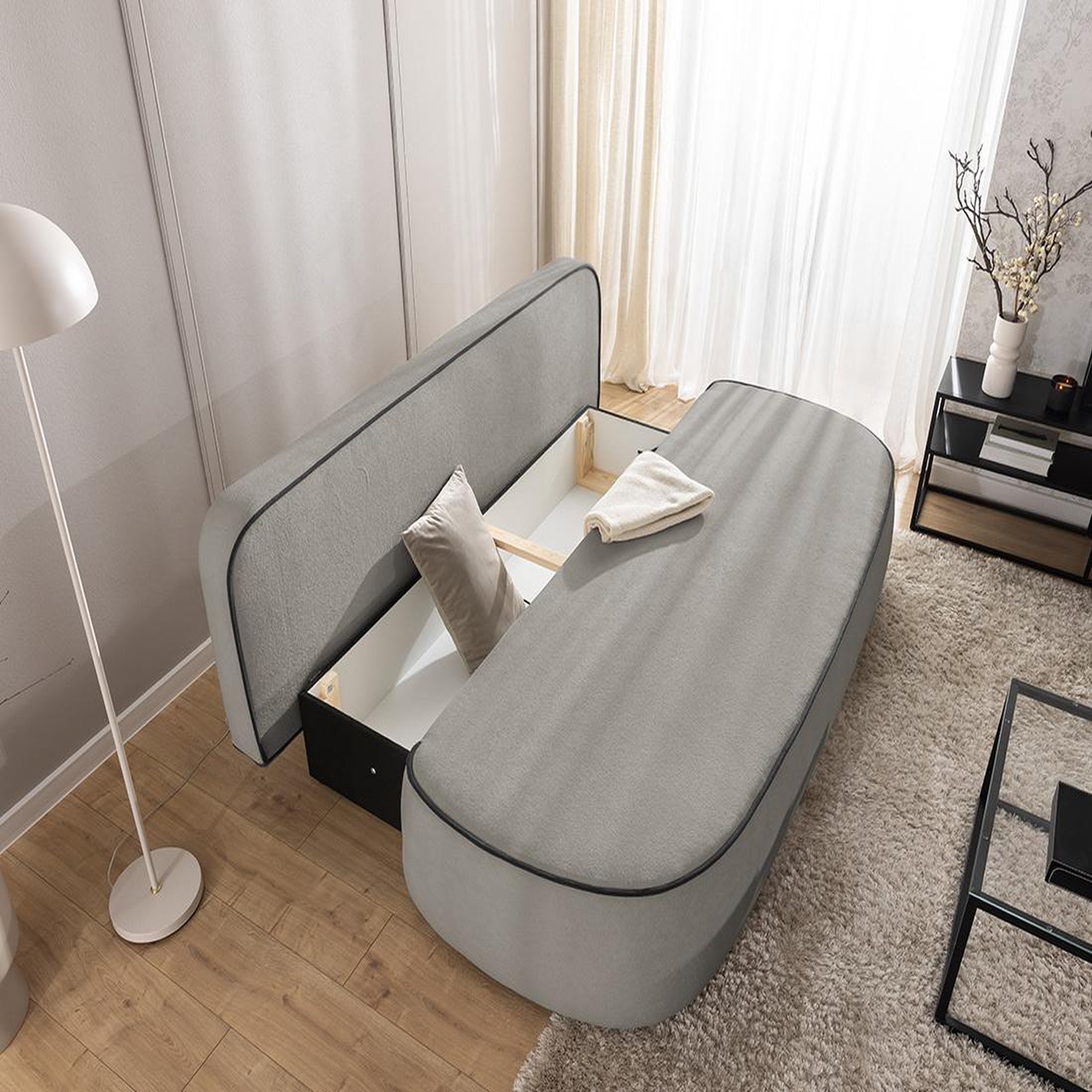 Voir la diapositive 2 : BEST MOBILIER Laurine - canapé droit 3 places convertible avec coffre en velours