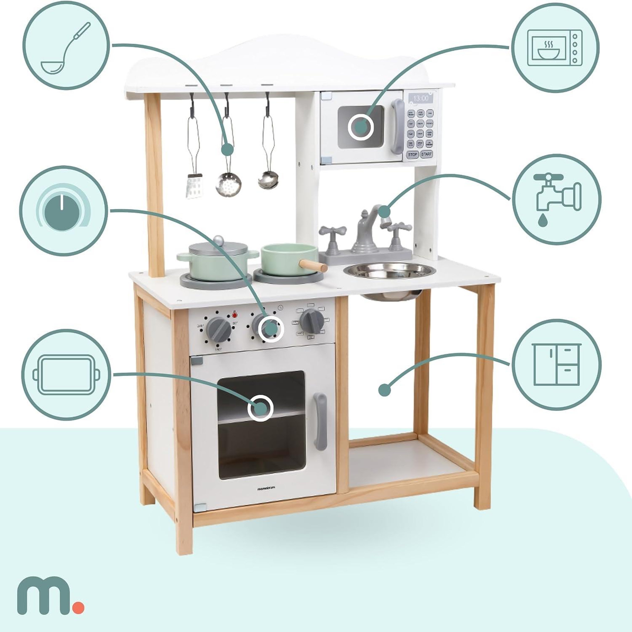 Voir la diapositive 2 : MAMABRUM Cuisine enfant bois, micro-ondes, four, évier et accessoires, sons mécanique, jouet montessori +3