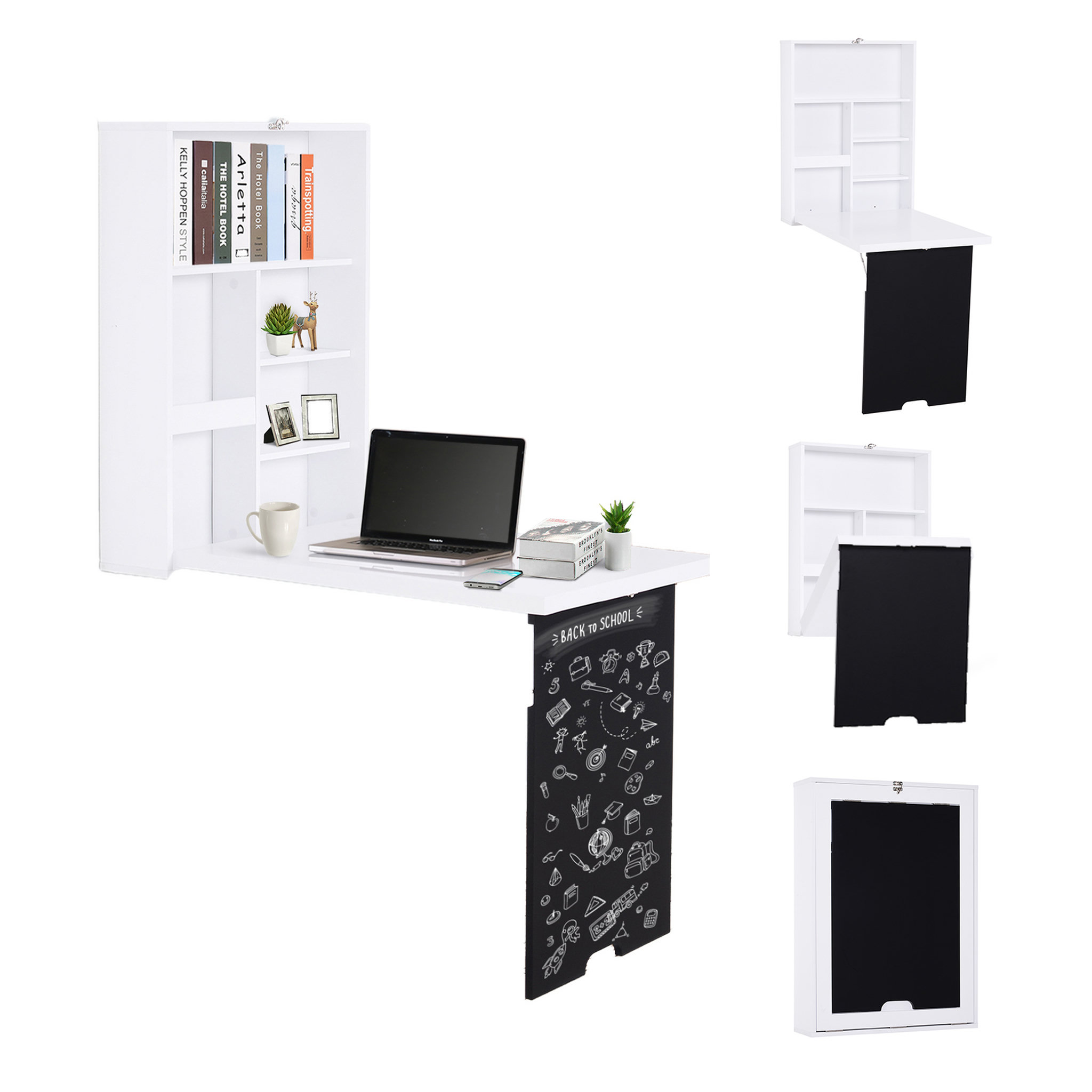 Voir la diapositive 2 : HOMCOM Bureau mural pliable table murale rabattable suspendue sur pied étagère + tableau à craie intégré MDF blanc