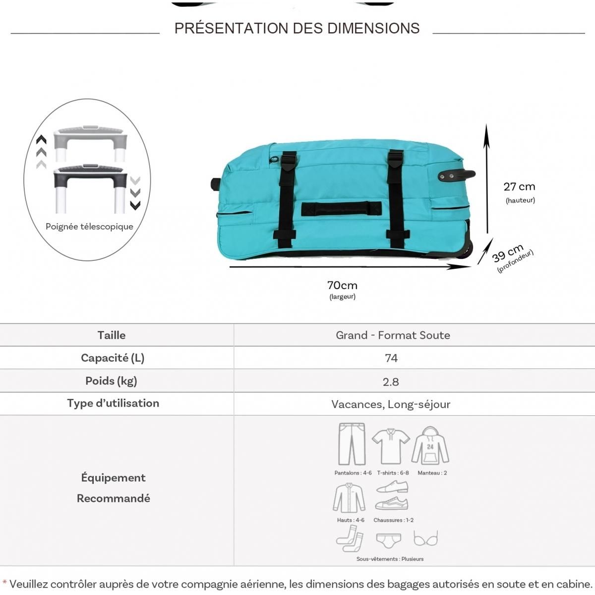 David Jones Sac de voyage à roulettes 74L double compartiment 70cm