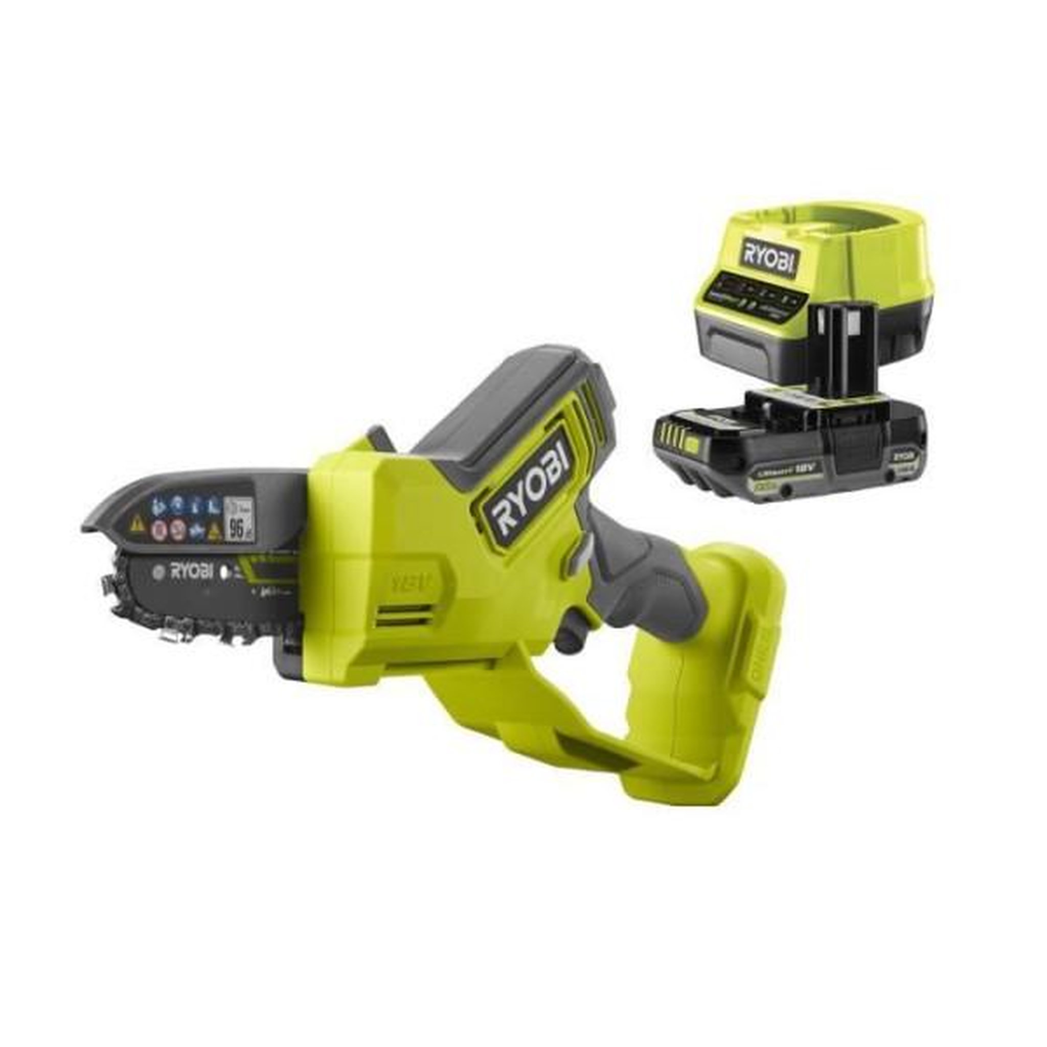 Ryobi RYOBI - Élagueur a main 18V ONE+ - Brushless- guide 10 cm - 6 m/s - tendeur sans outil + batterie 2,0 Ah & chargeur - RY18PSX10