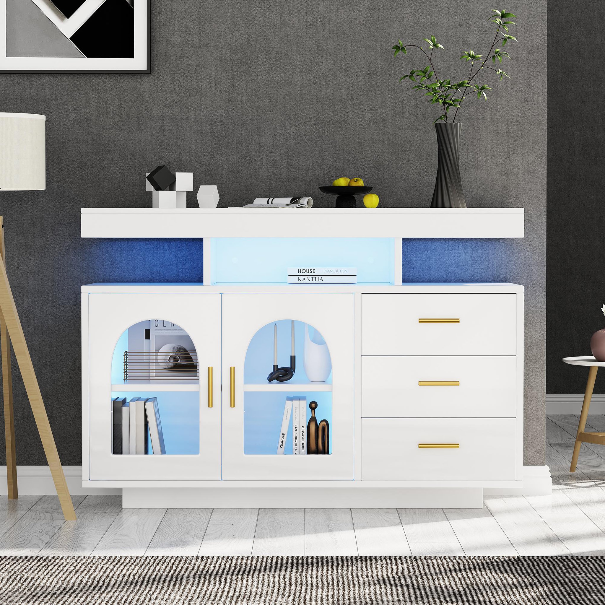 Voir la diapositive 2 : MERAX Buffet 2 porte(s) 3 tiroir(s) - 120 cm blanc led panneau de particules