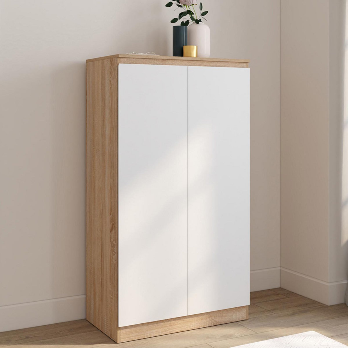 ID MARKET Armoire à chaussures 18 paires TOMI 2 portes façon hêtre et blanc