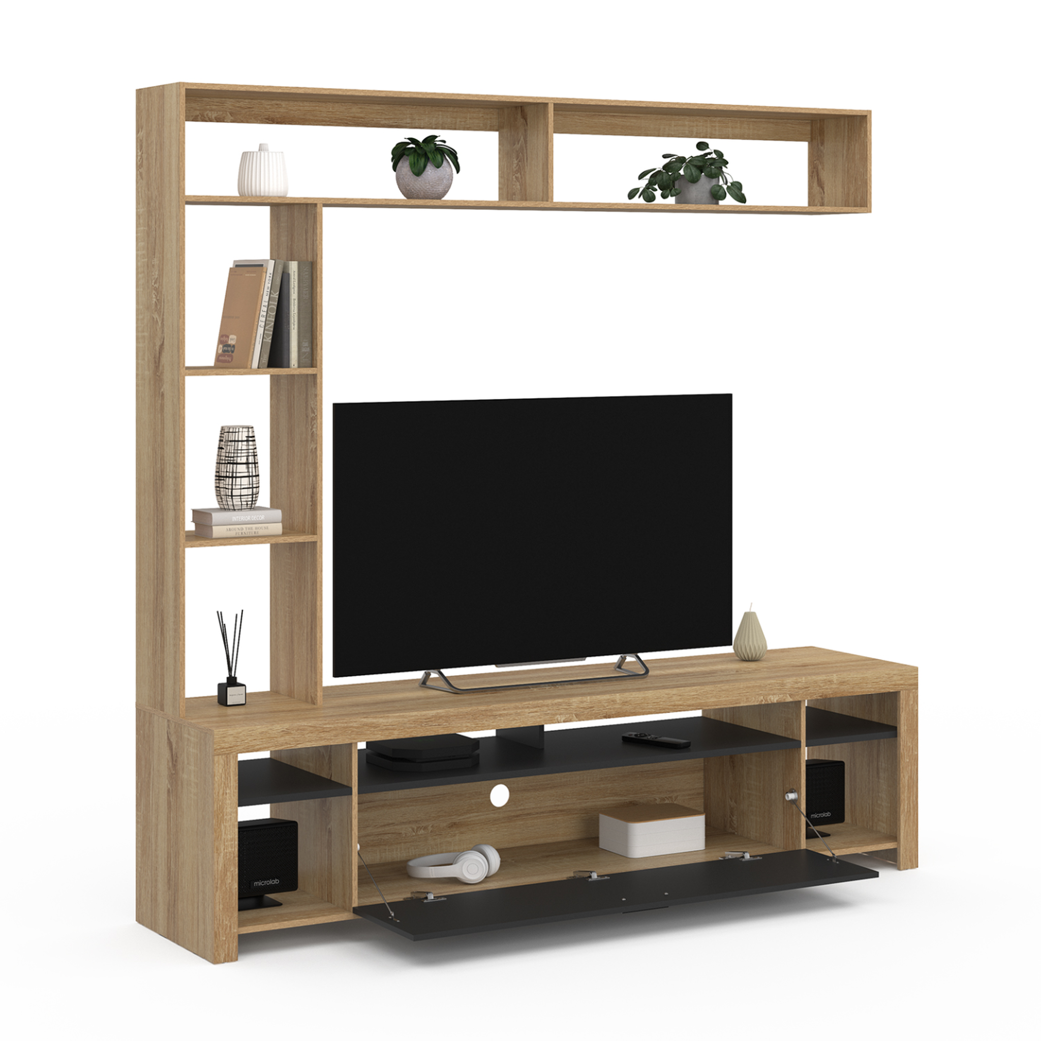 Voir la diapositive 4 : ID MARKET Ensemble meuble tv et étagères 170 cm malo bois et placard noir