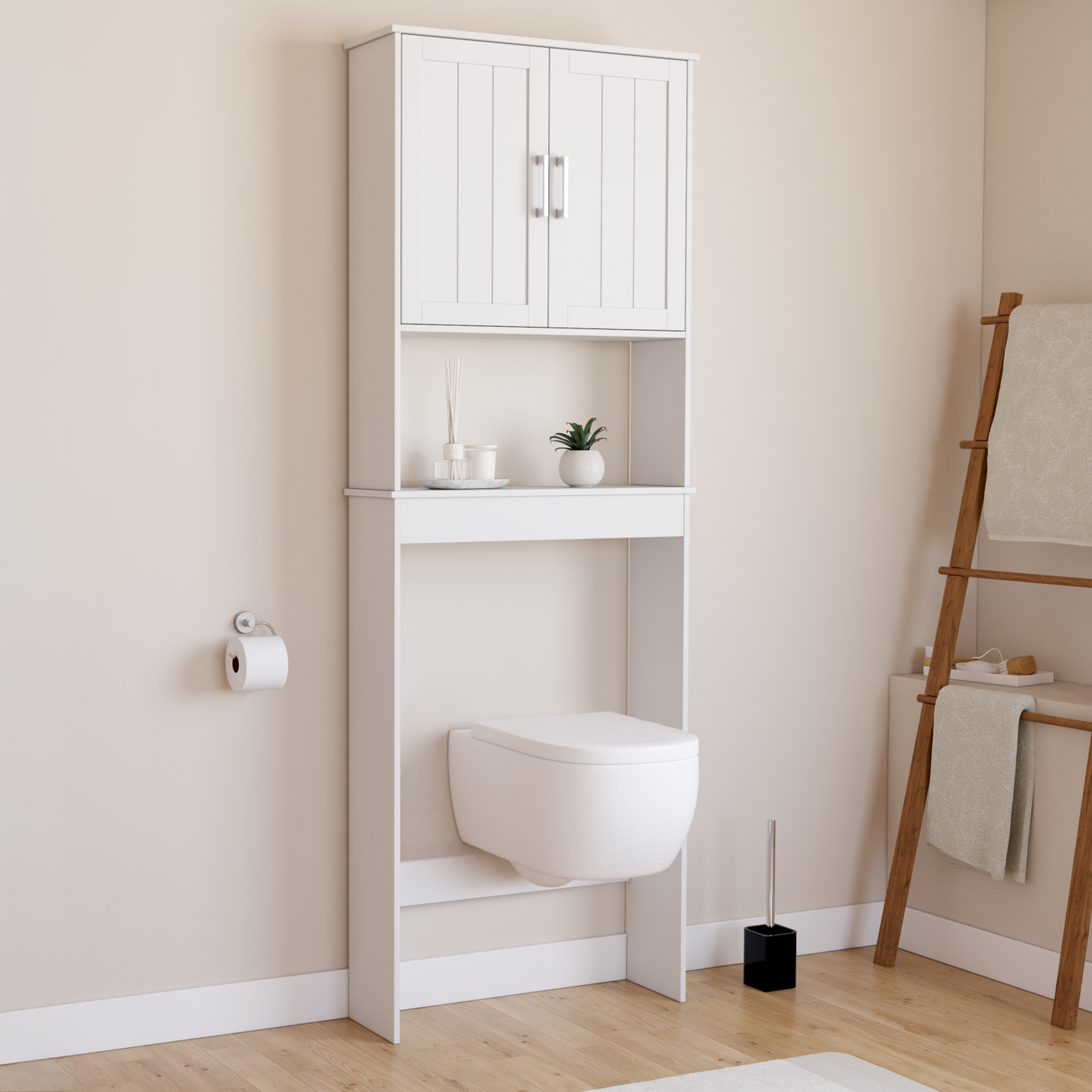 Voir la diapositive 2 : ID MARKET Meuble étagère dessus wc waldo placard bois blanc