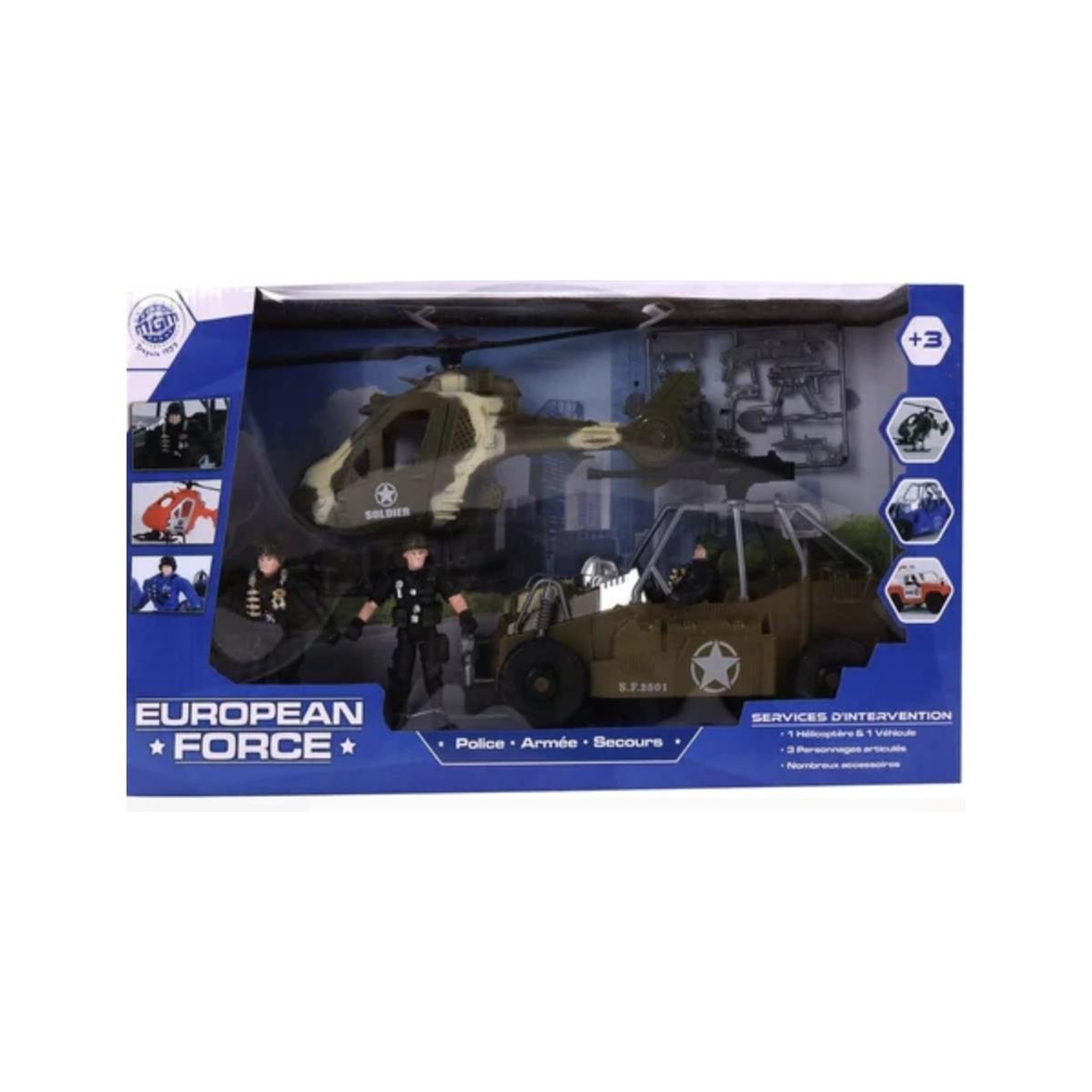 Voir la diapositive 2 : MGM Armee helico et auto - 3 soldats