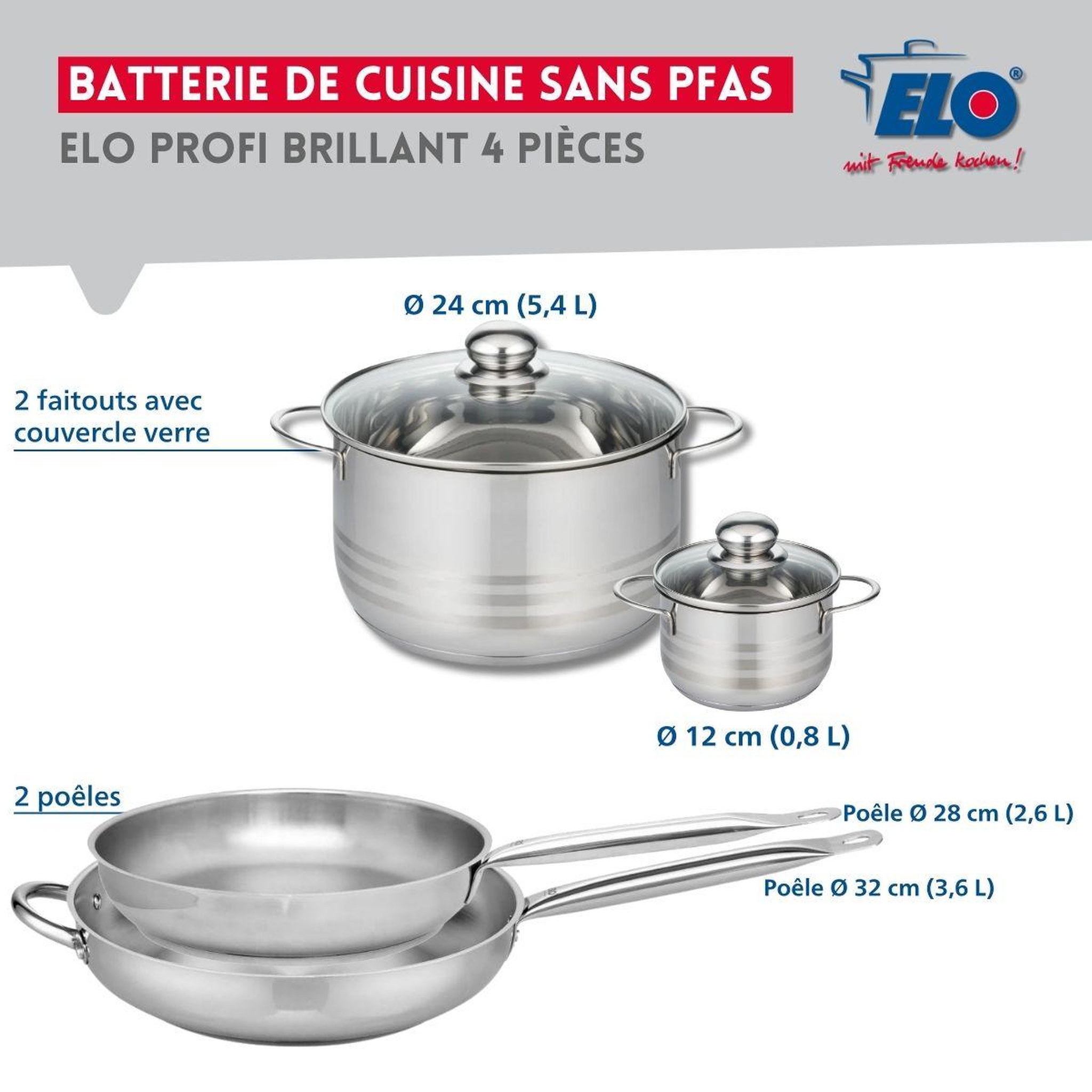 Voir la diapositive 2 : ELO Ensemble de 2 poêles de cuisson 28 et 32 cm et 2 faitouts 12 et 24 cm elo profi brillant