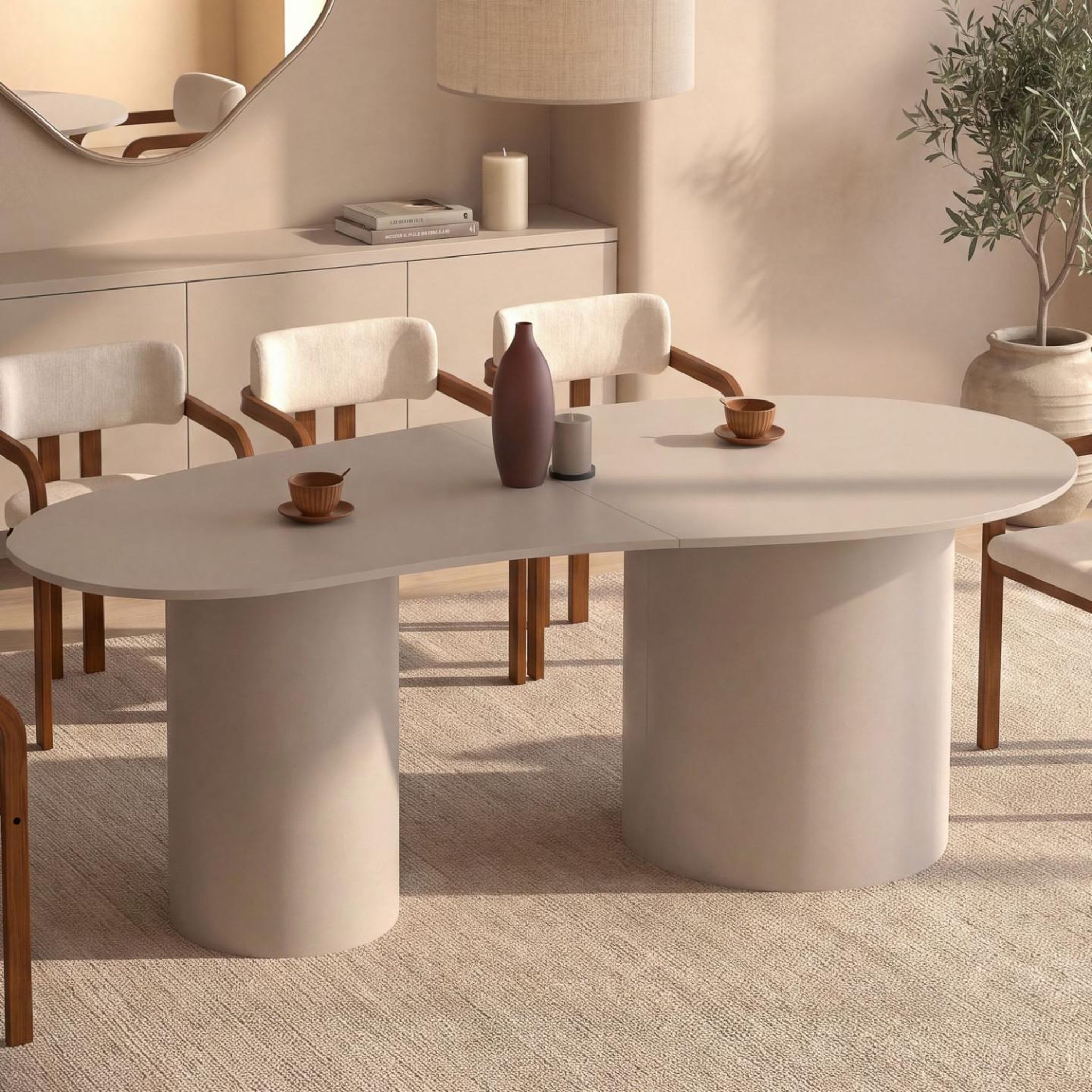 Voir la diapositive 2 : ID MARKET Table à manger ovale organique orphea 8 personnes 2 pieds cylindriques beige 200 cm