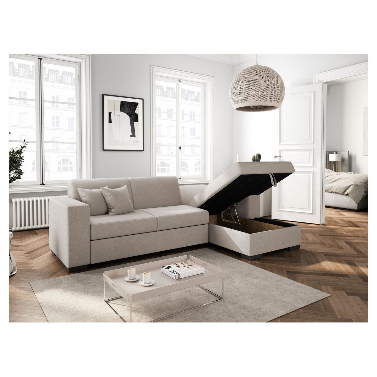 Canapé d'angle droit convertible 4 places avec coffre  de rangement revêtement tissu CARIBEA 