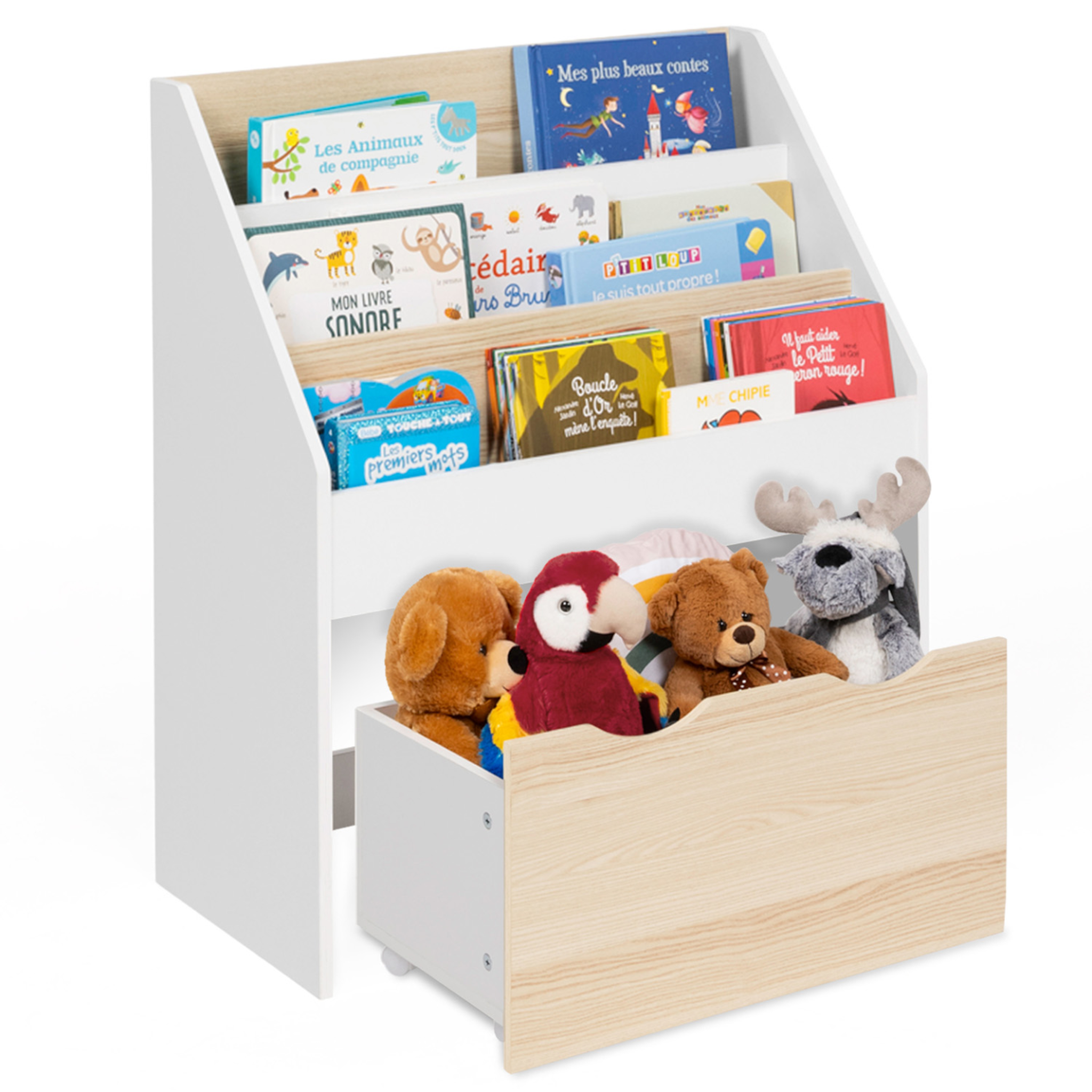 ID MARKET Meuble de rangement bibliothèque enfant mana 3 étagères et 1 bac sur roulettes blanc et hêtre