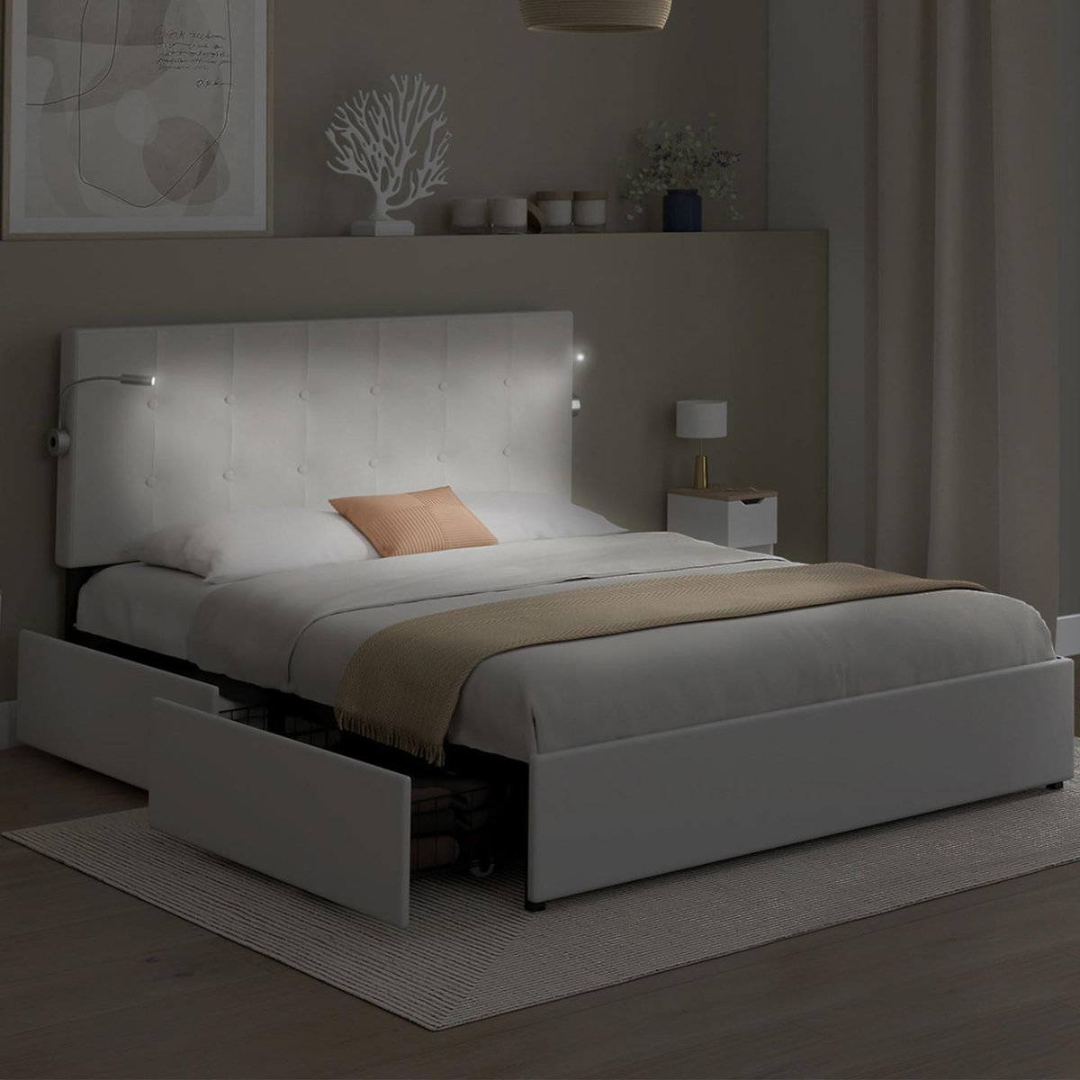 ID MARKET Lit double MAEL 140 x 190 cm avec tête de lit capitonnée PVC blanc liseuses intégrées et sommier et 2 tiroirs sur roulettes