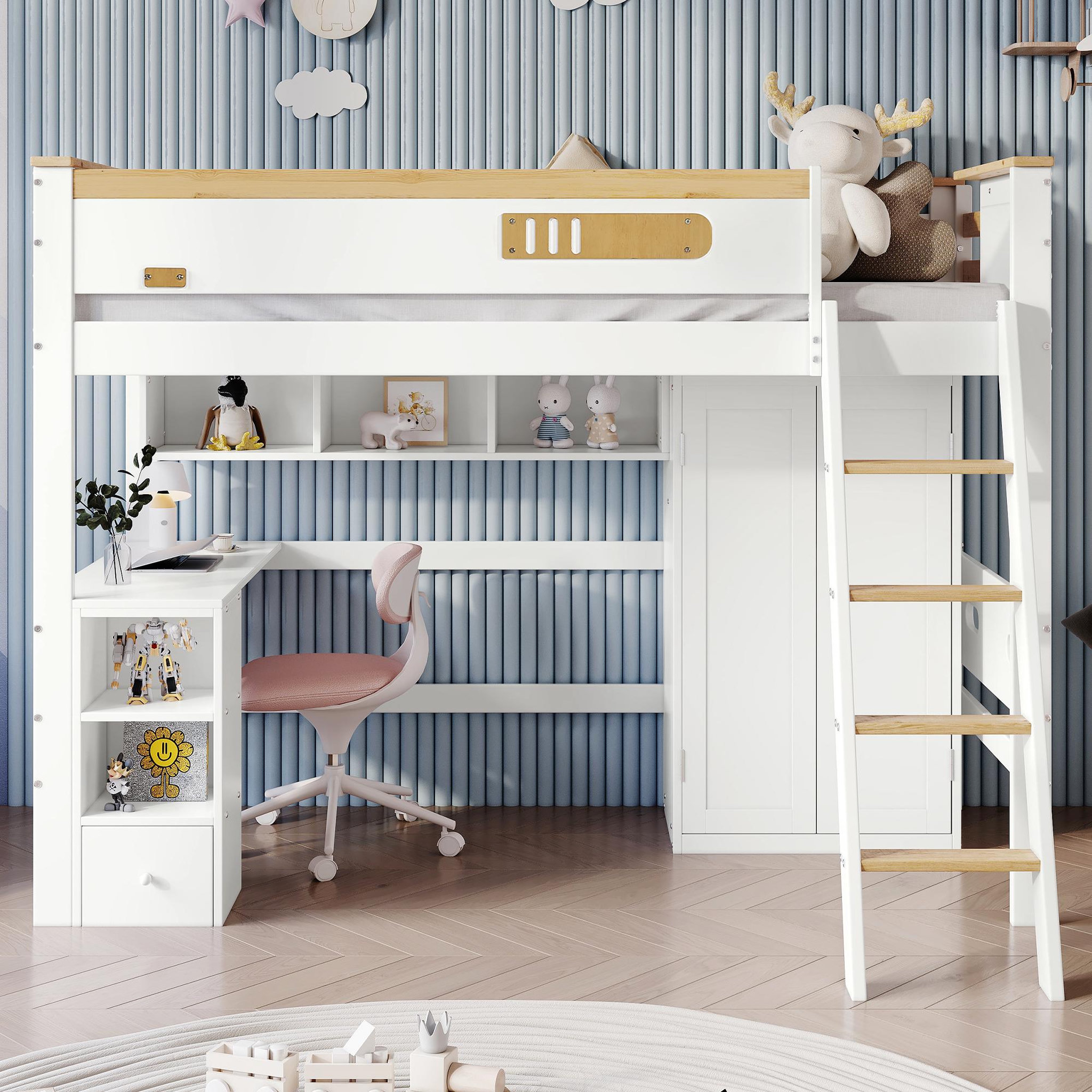Voir la diapositive 2 : MERAX Lit combiné enfant 90x200cm bois et mdf coloris blanc+naturel