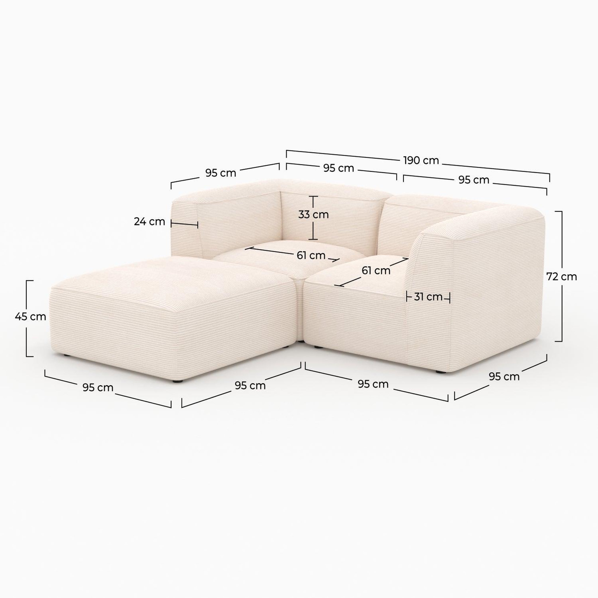 Voir la diapositive 4 : MAISON PAVANE Canapé modulable en velours blanc 2 places avec pouf-mina