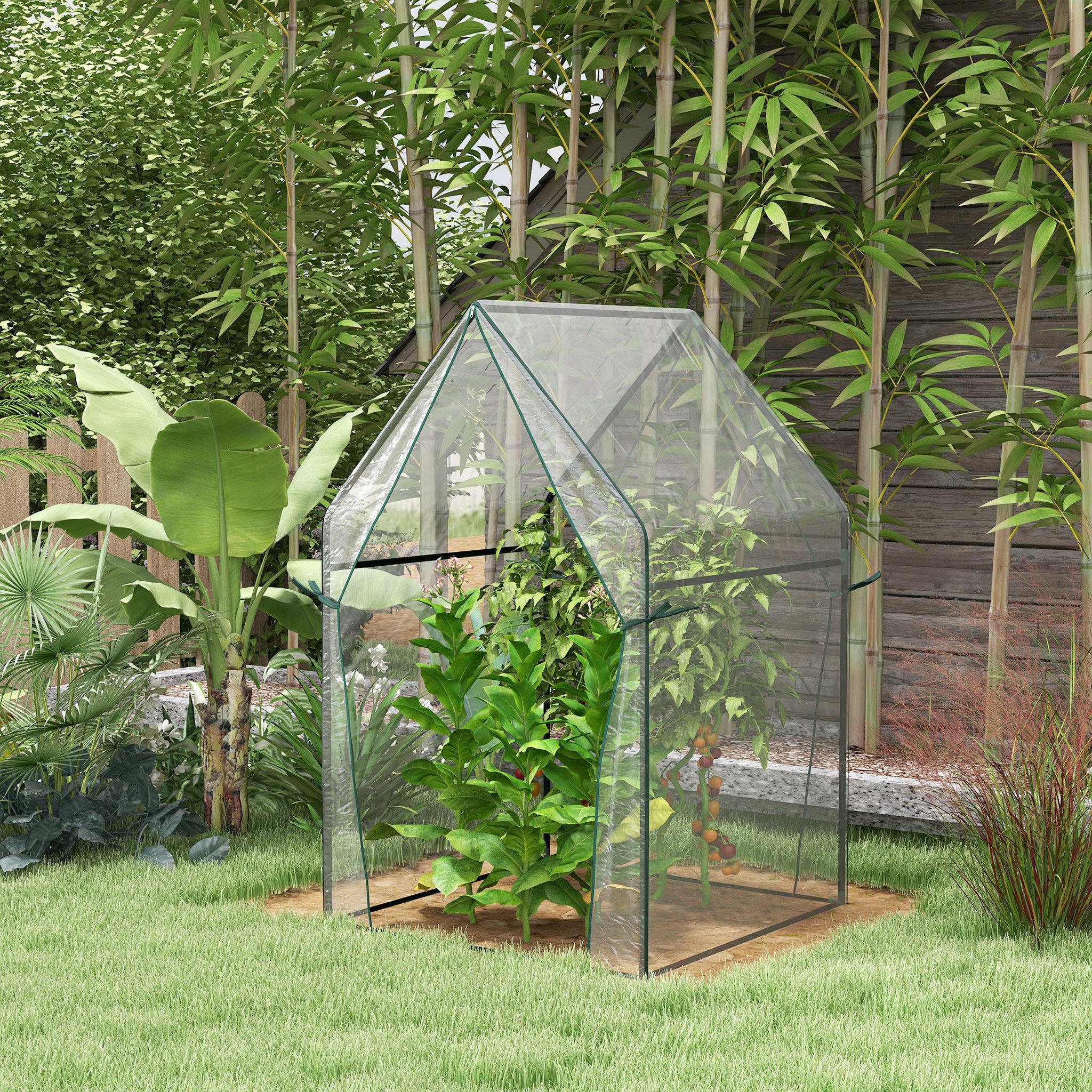 Voir la diapositive 2 : OUTSUNNY Serre de jardin balcon terrasse serre pour tomates 0,9L x 0,9l x 1,45H m double porte acier PVC transparent vert