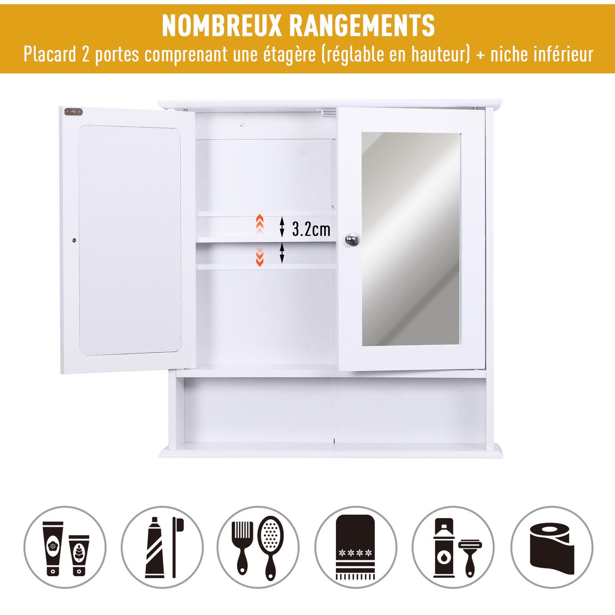 Voir la diapositive 4 : HOMCOM Armoire murale étagère salle de bain 56l x 13l x 58h cm double porte miroir étagère réglable mdf blanc