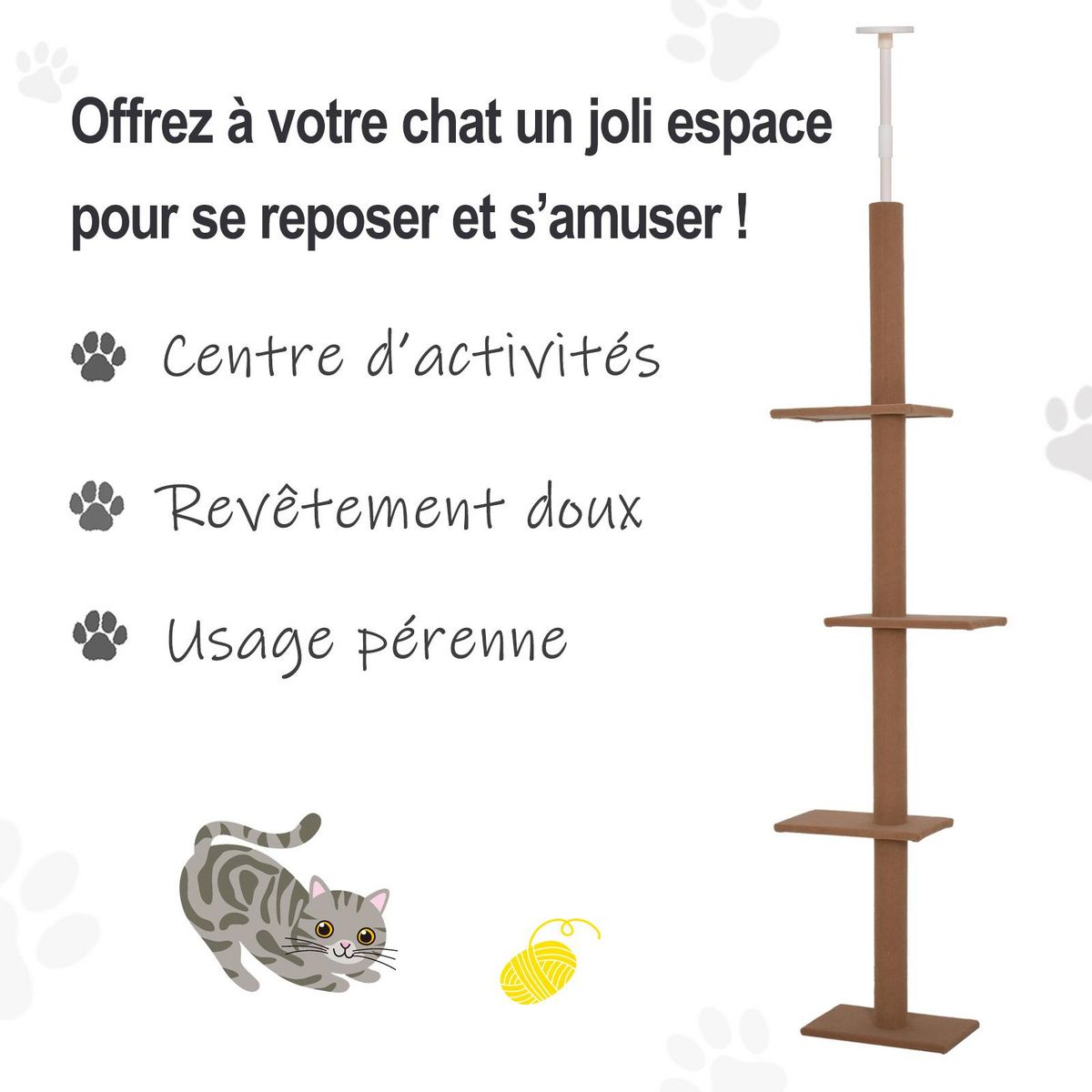 PAWHUT Arbre à chat poteau à griffer hauteur réglable dim. 43L x 27I x 228-260H cm 4 niveaux d'activités marron
