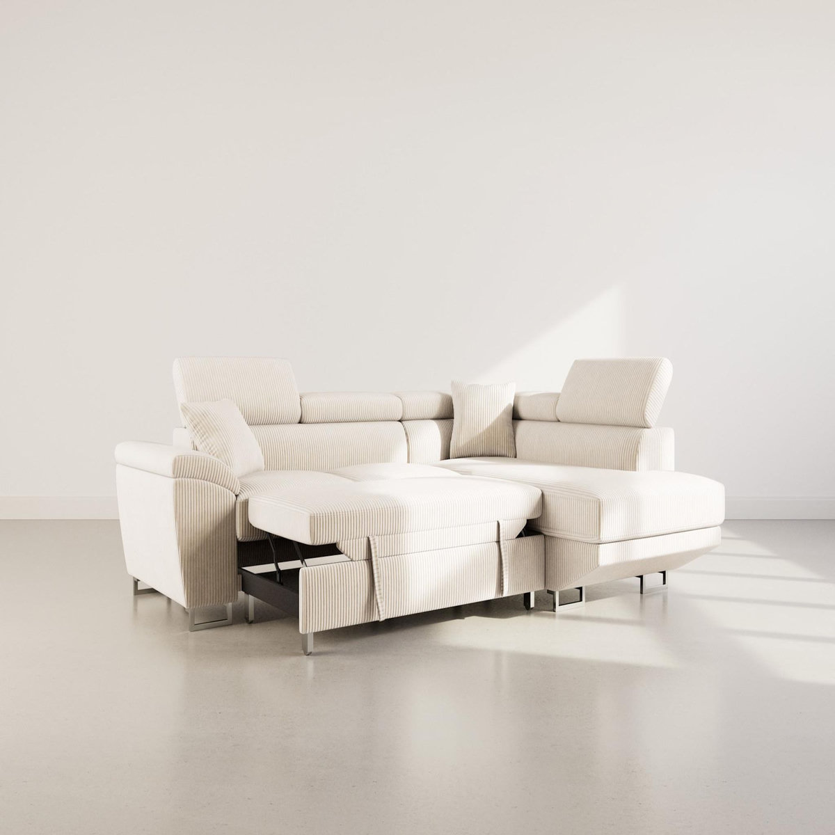 BEST MOBILIER Baoji - canapé d'angle droit 5 places convertible avec têtières et coffre en velours côtelé