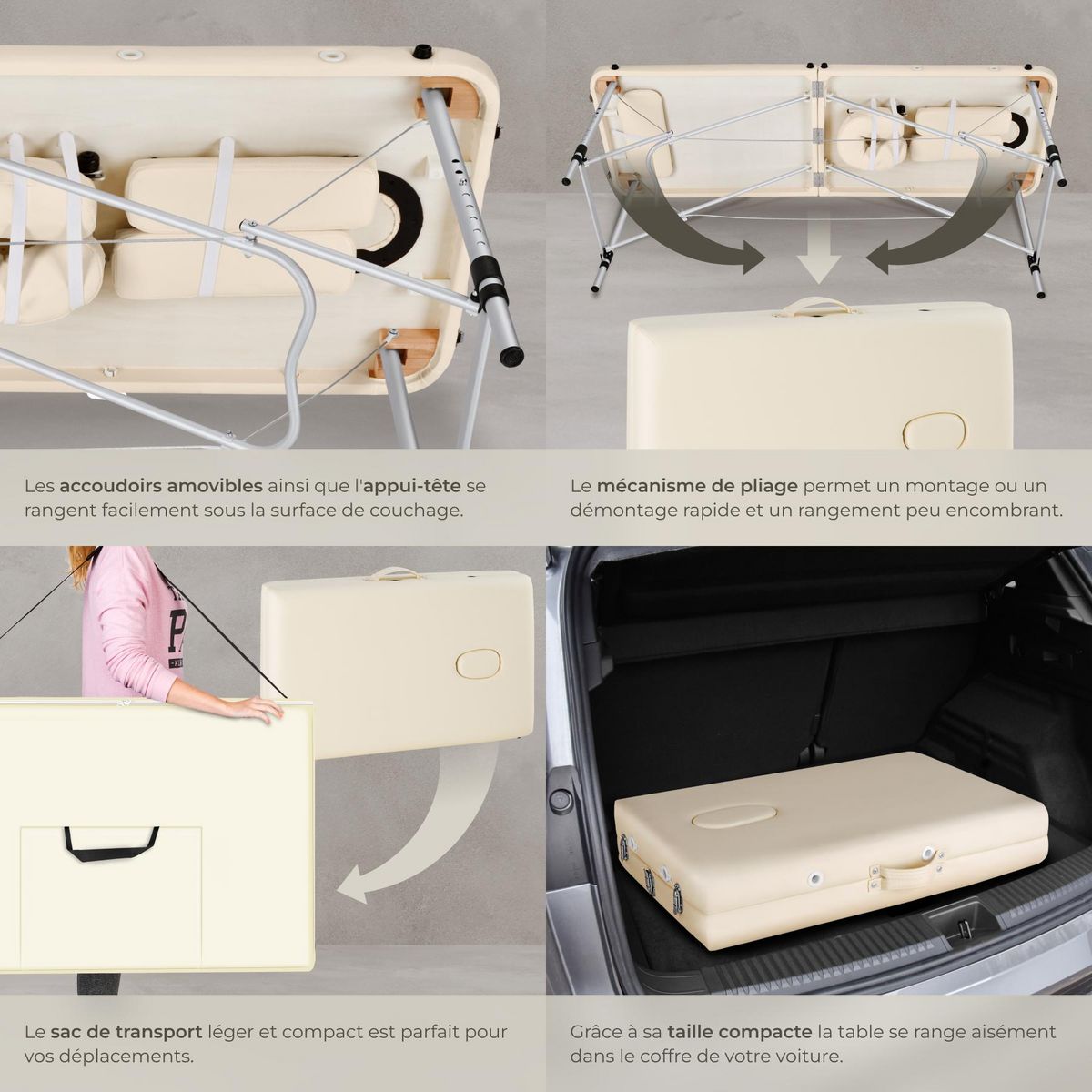 tectake Table de massage portable pliante 2 zones avec sac de transport inclus beige