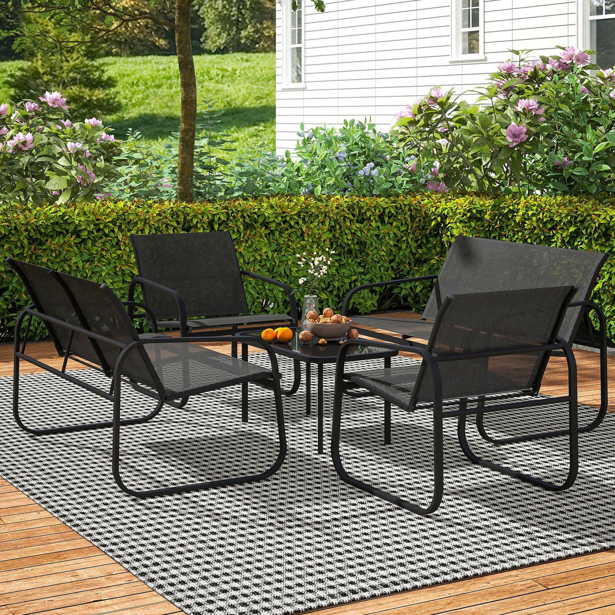 OUTSUNNY Ensemble salon de jardin relax 6 personnes 5 pièces plateau verre trempé acier textilène noir