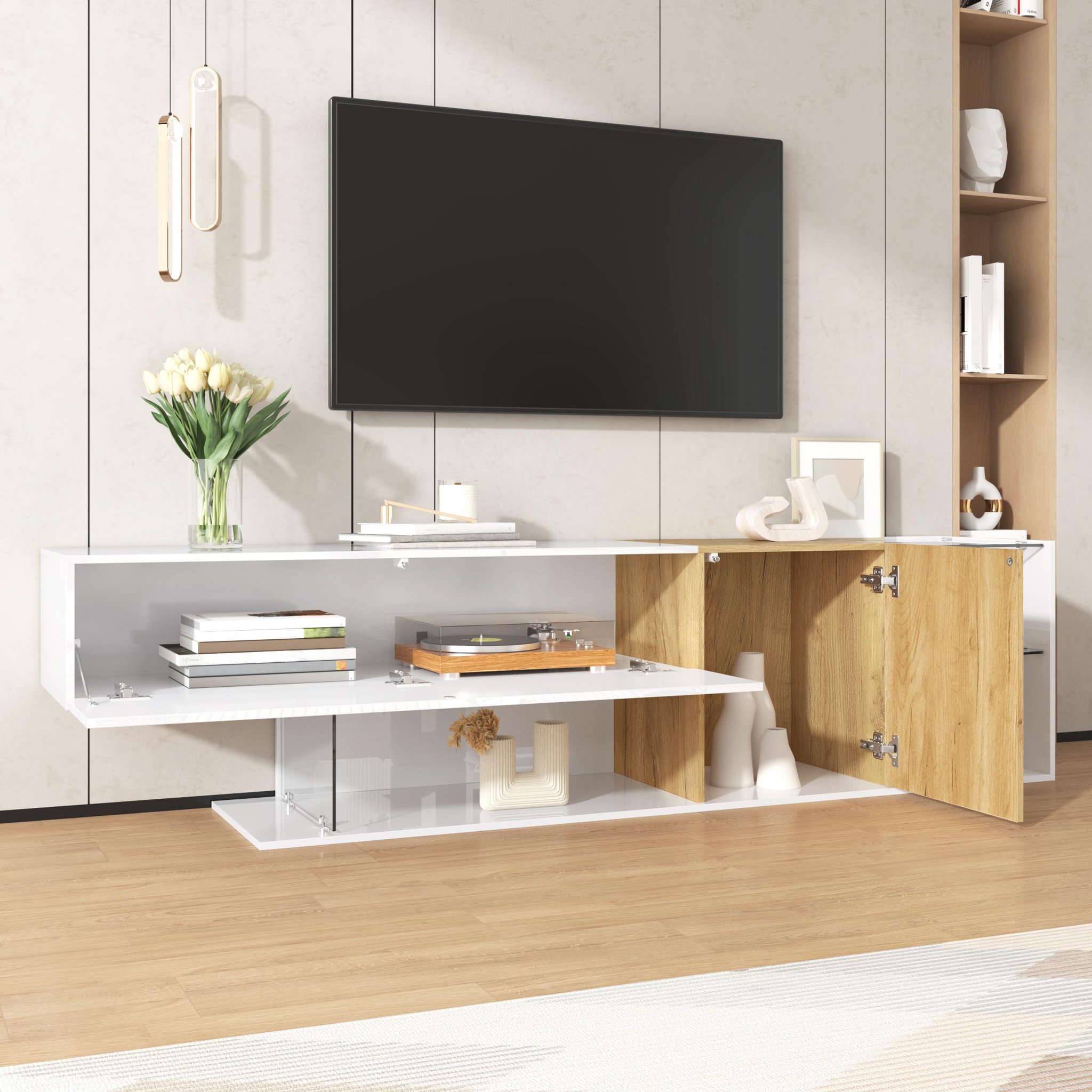 Voir la diapositive 5 : MERAX Meuble tv blanc+naturel 180 cm panneau de particules