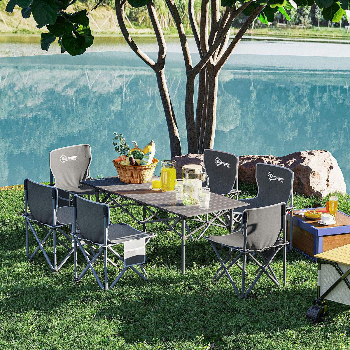 OUTSUNNY Ensemble table et chaise camping - table pliante camping avec 6 chaises rangements sacs de transport gris