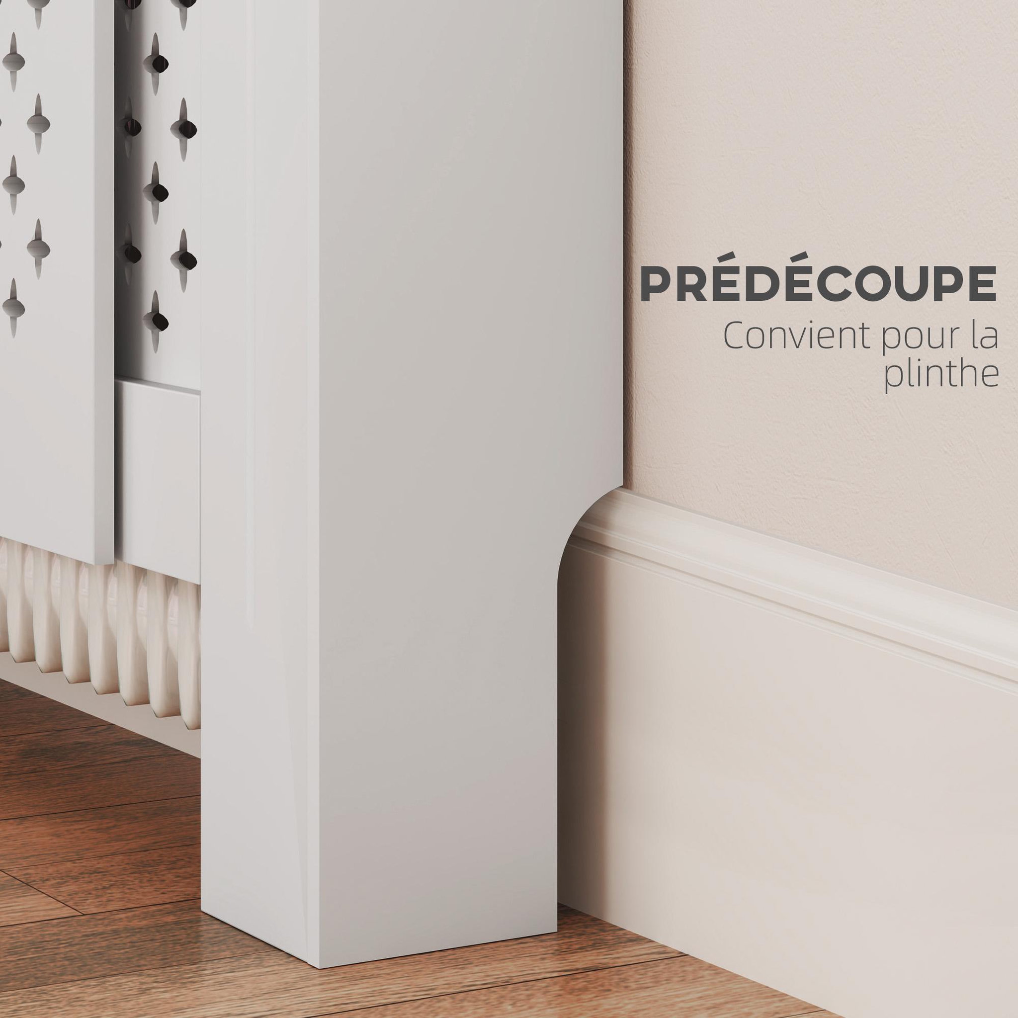 Voir la diapositive 4 : HOMCOM Cache-radiateur réglable motif nid d'abeille dim. 136-200L x 21,5l x 91,7H cm MDF blanc