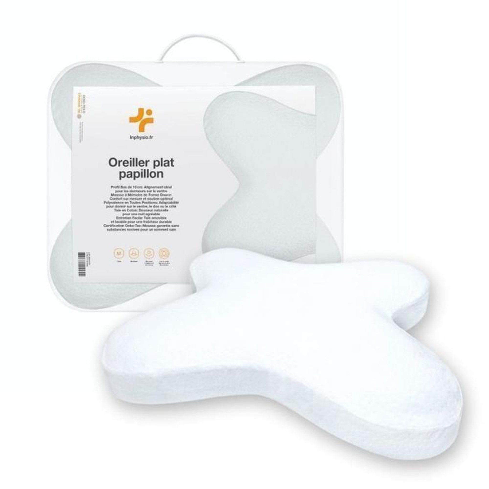 Oreiller Papillon ergonomique à mémoire de forme profil bas 10 cm, 56x46 cm, blanc, taie en coton amovible