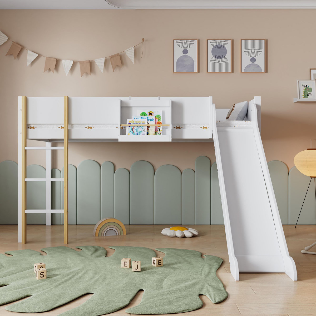 MERAX Lit enfant mi hauteur 90x200cm pin coloris blanc+naturel