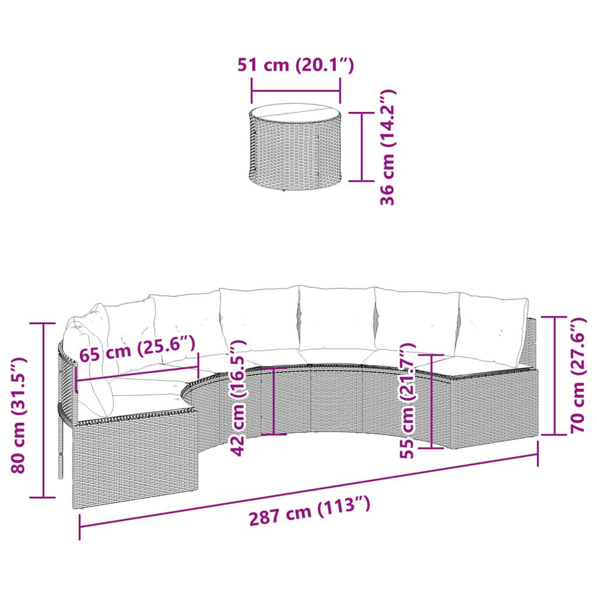 Voir la diapositive 6 : VIDAXL Canape de jardin table coussins demi-rond noir resine tressee