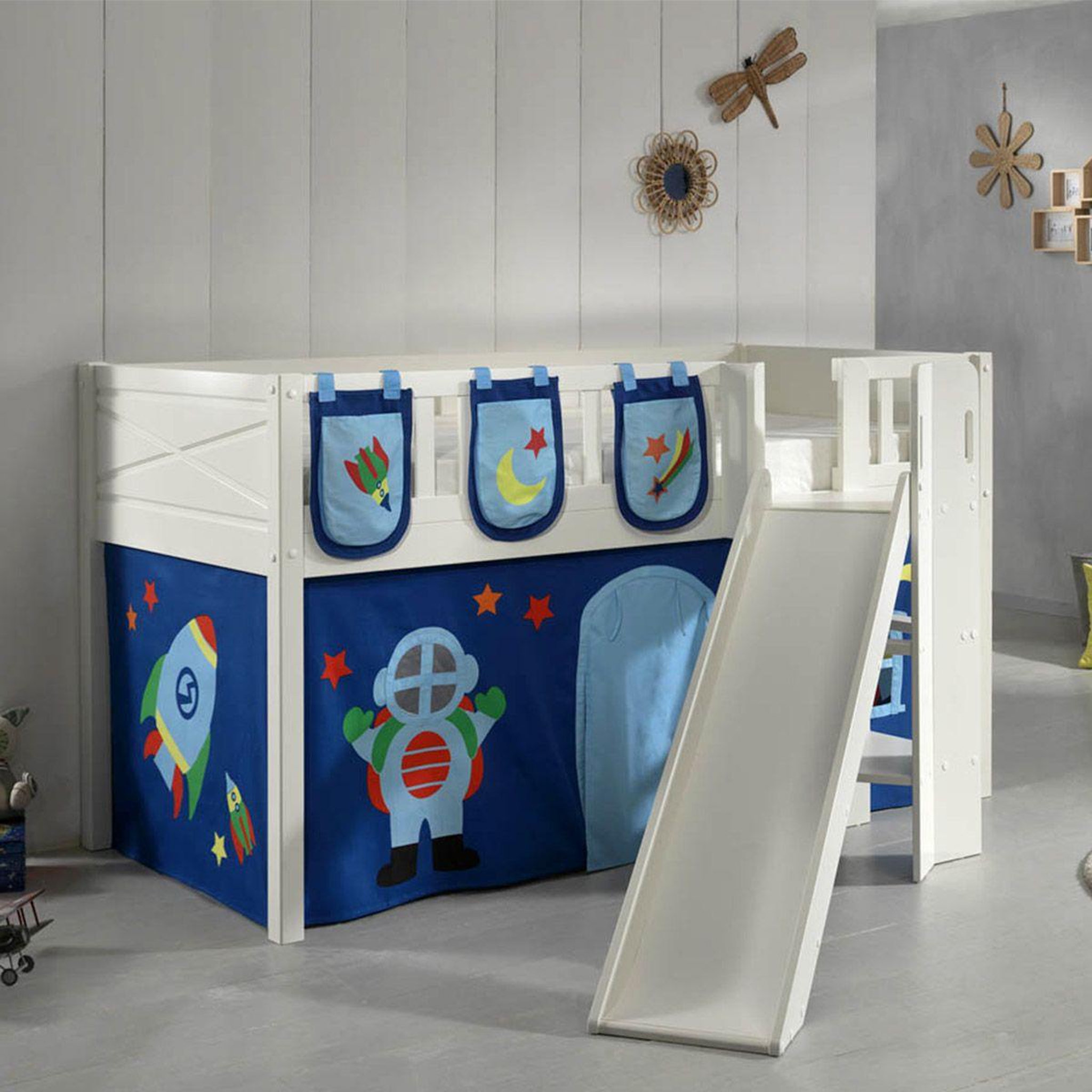 Voir la diapositive 6 : Paris Prix Lit enfant toboggan, tente & 3 pochettes  scott astro  90x200cm blanc