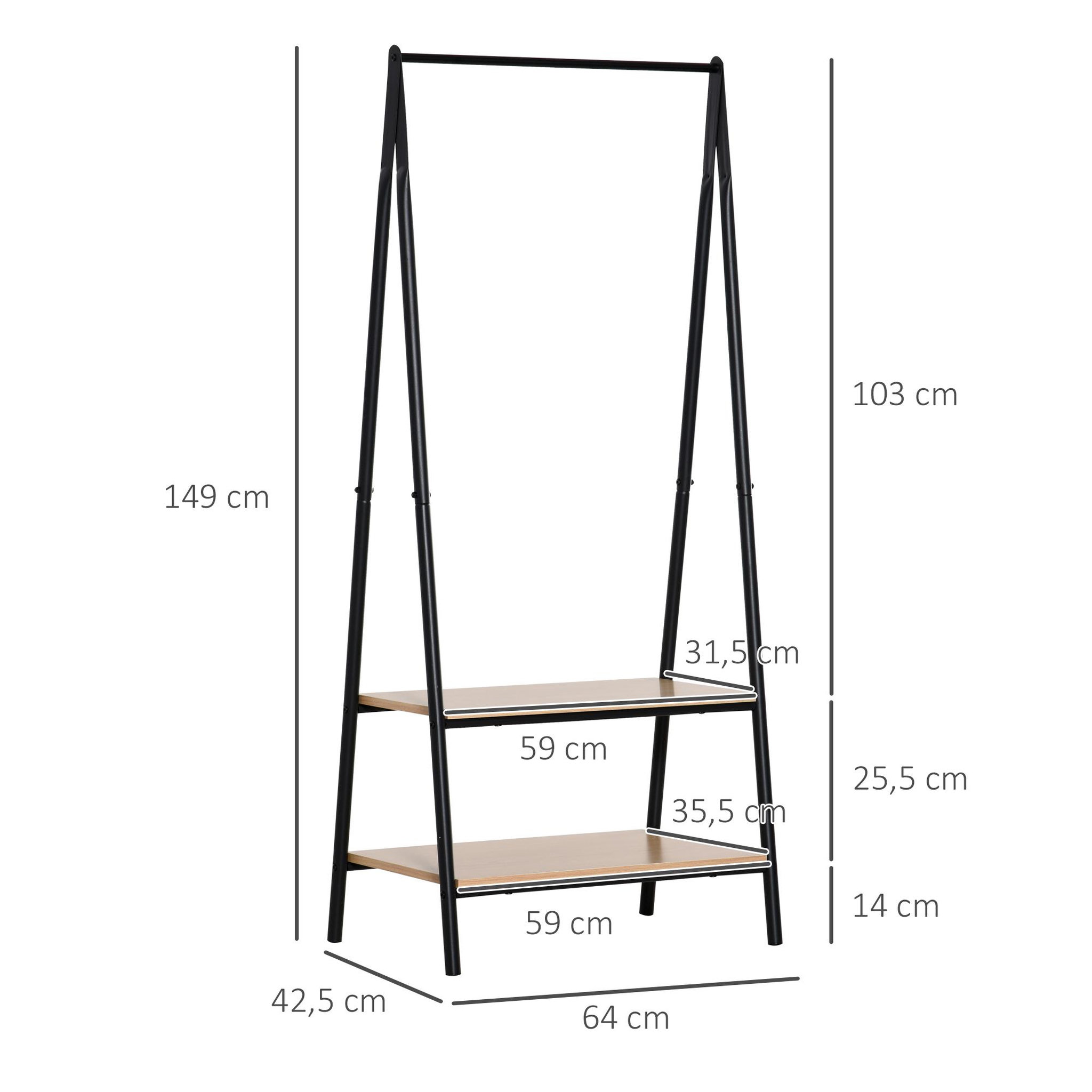 Voir la diapositive 3 : HOMCOM Portant à vêtements penderie style contemporain triangulaire dim. 64l x 43l x 149h cm 2 étagères mdf bois clair acier noir