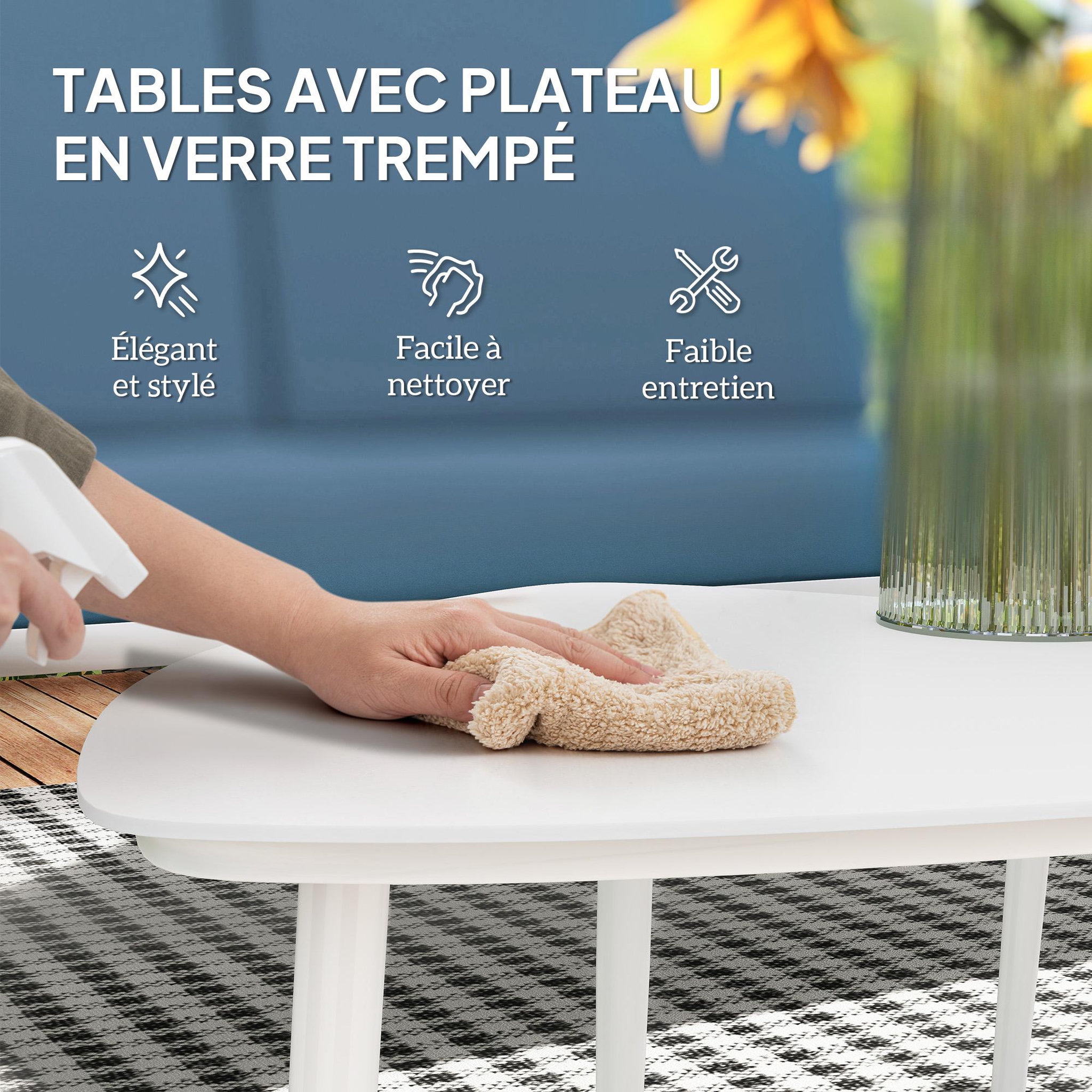 Voir la diapositive 5 : OUTSUNNY Salon de jardin 4 personnes 5 pièces 2 tables basses gigognes acier blanc accoudoirs effet bois coussins bleu