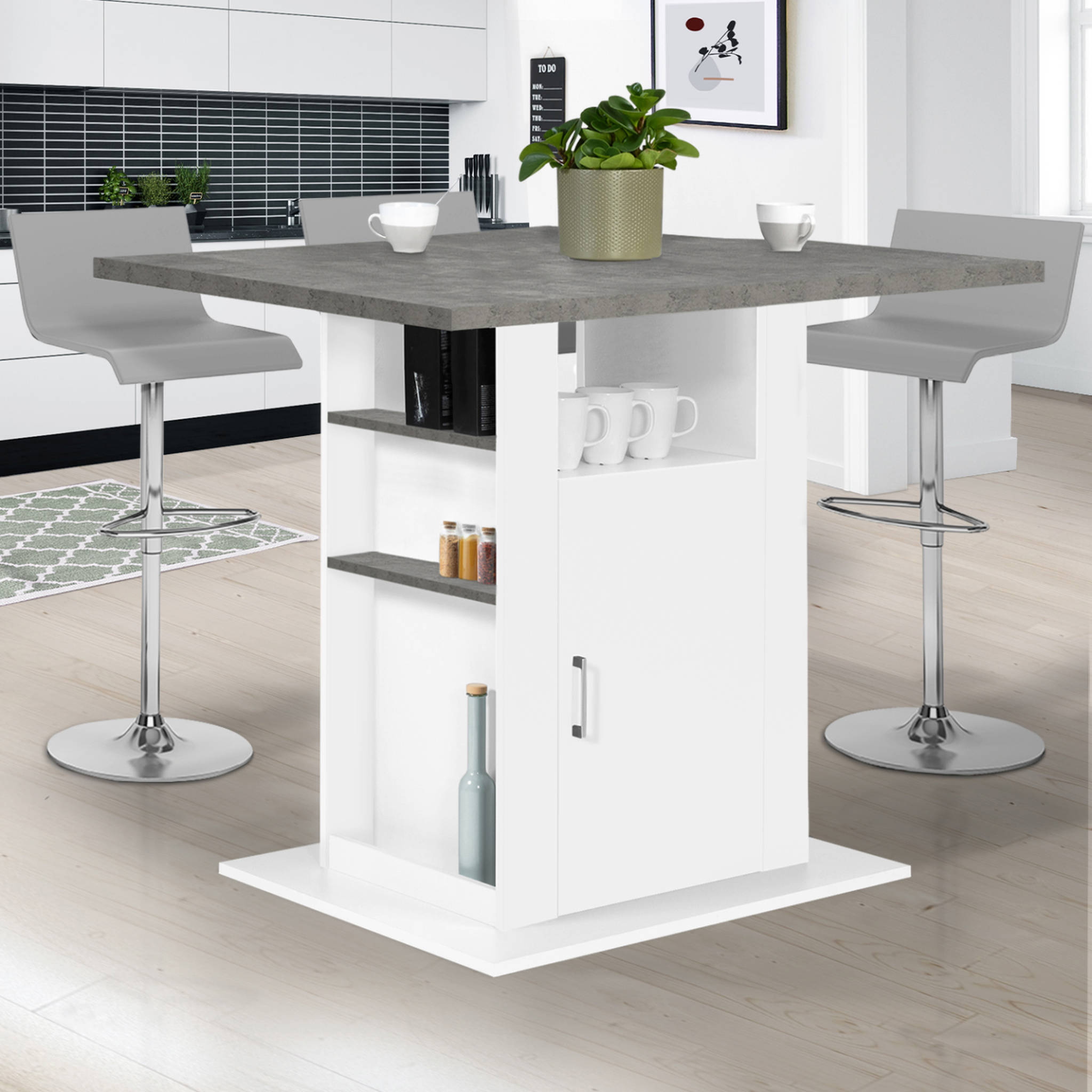 Voir la diapositive 2 : ID MARKET Ilot central ugo 110 cm plateau effet béton et blanc avec rangements