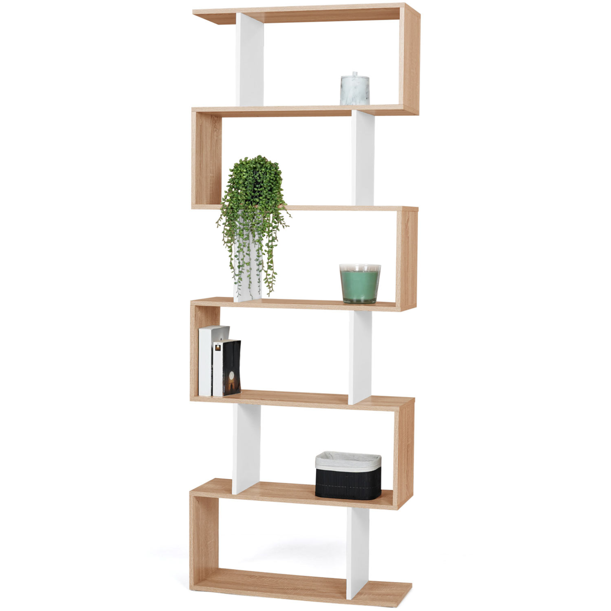 ID MARKET Etagère bibliothèque sofia forme s façon hêtre et blanc 189 cm