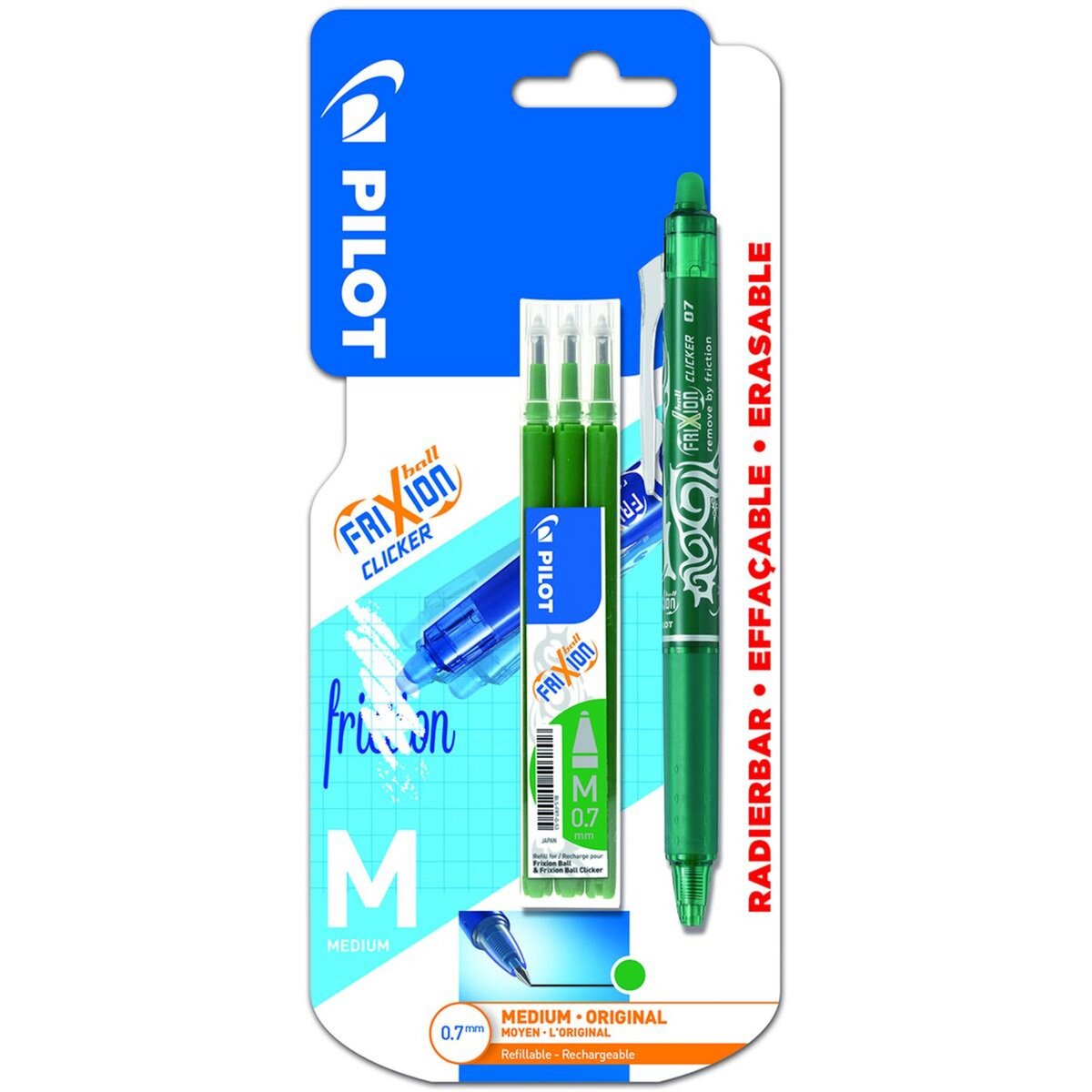 PILOT Lot 1 stylo effaçable pointe moyenne vert FriXion Ball Clicker + 3  recharges effaçables vert FriXion Ball pas cher 
