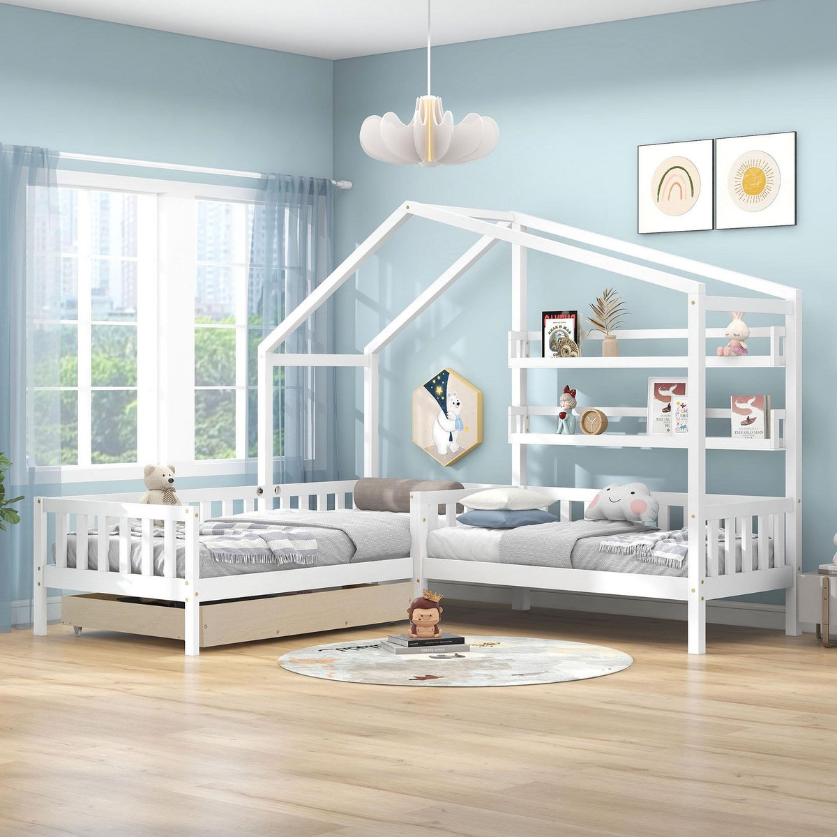 MERAX Lit cabane enfant 90x200(70x140)cm pin coloris blanc